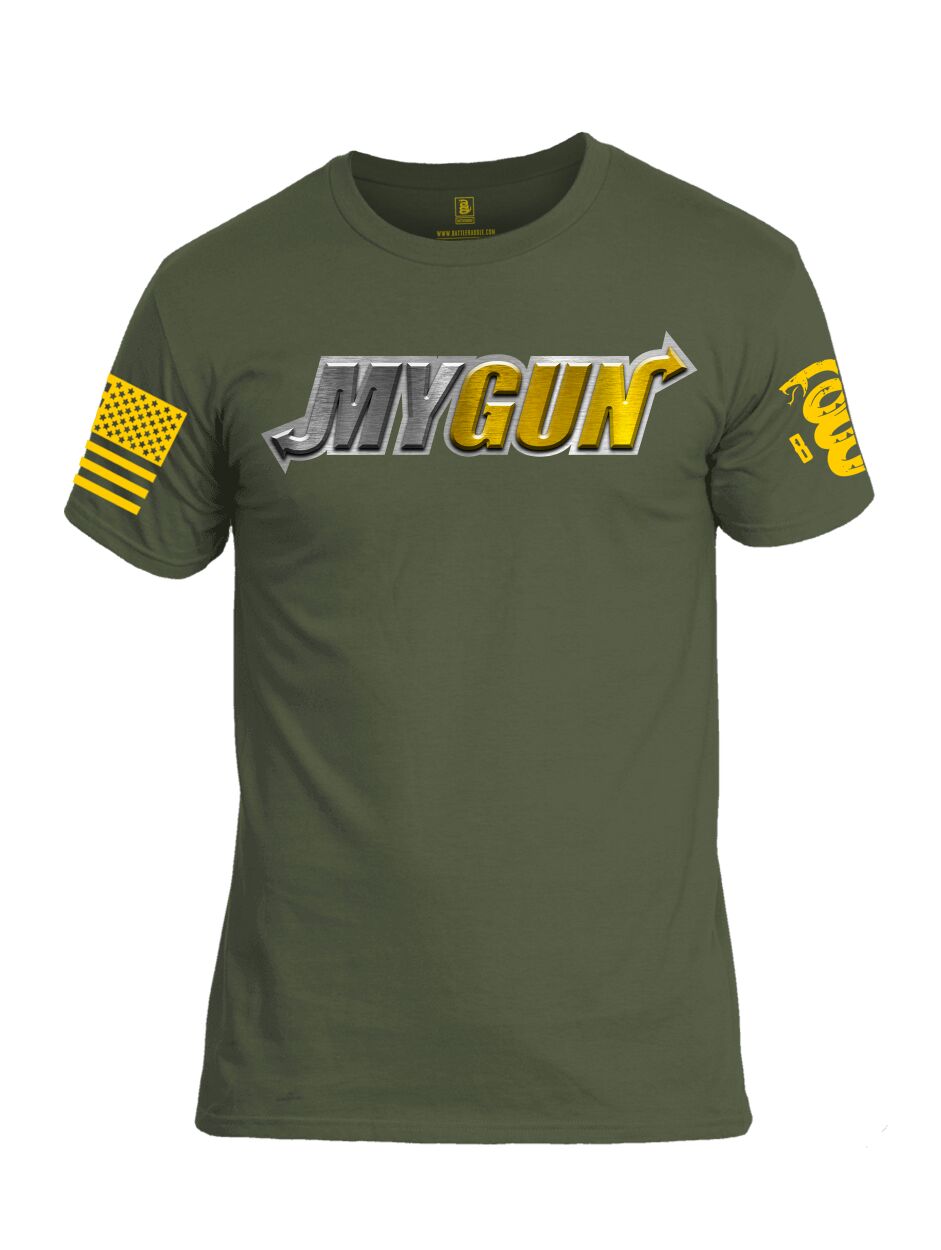 Battleraddle My Gun Yellow Sleeve Print Mens Cotton Crew Neck T Shirt