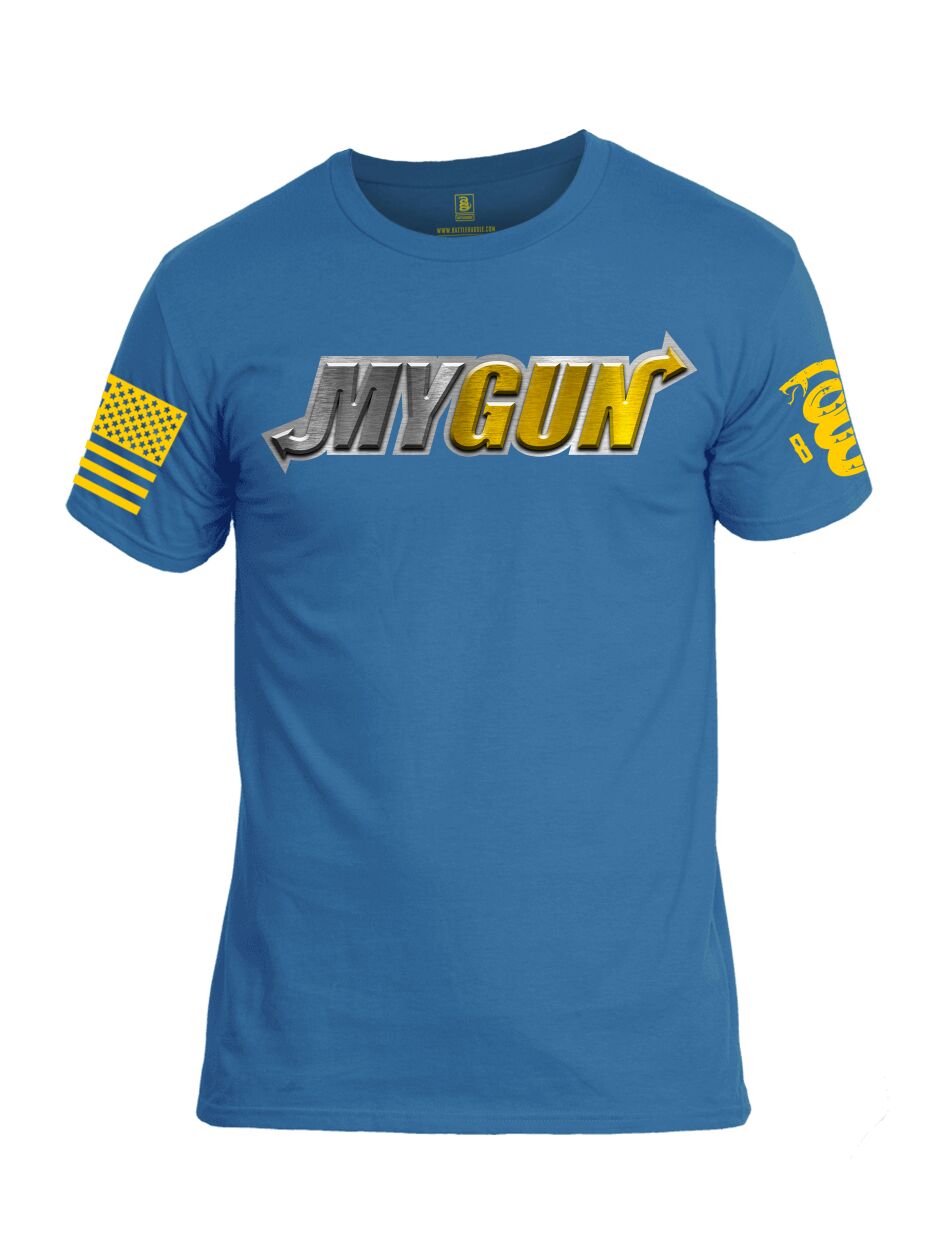 Battleraddle My Gun Yellow Sleeve Print Mens Cotton Crew Neck T Shirt