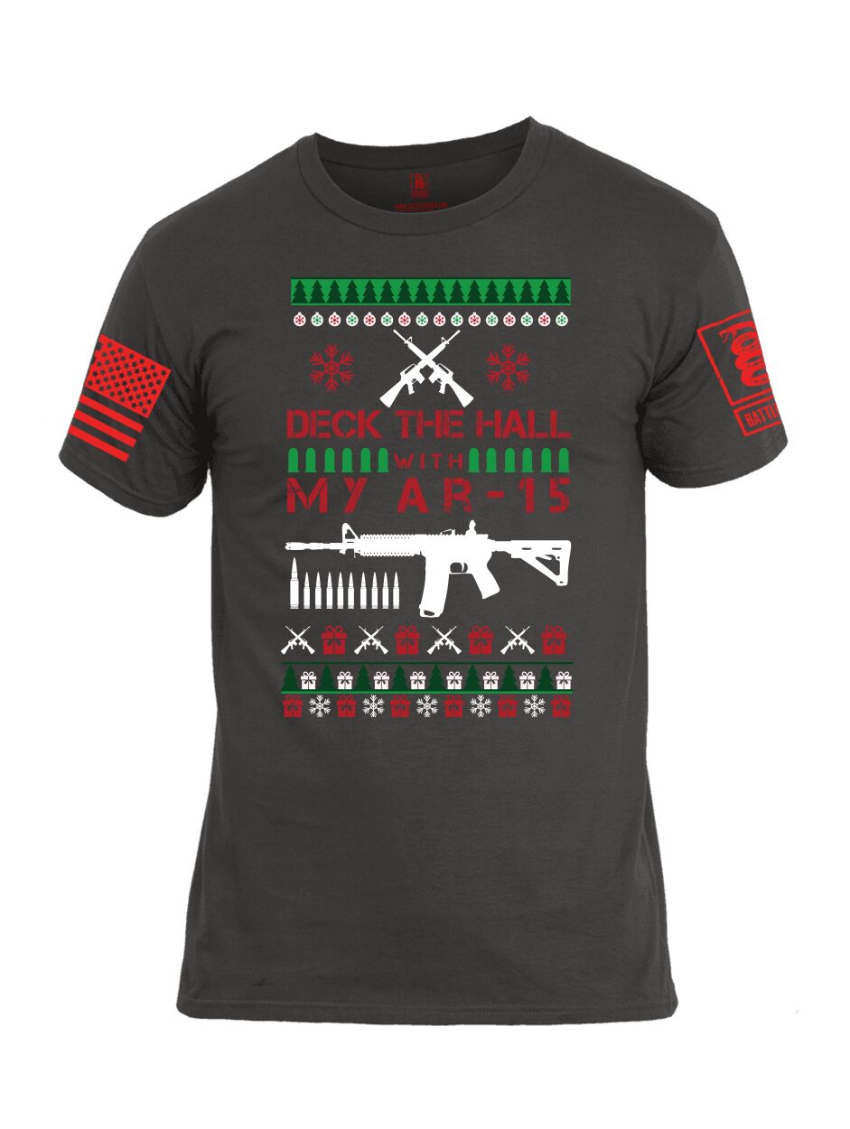 Battleraddle Deck The Hall With My AR 15 Christmas Holiday Ugly Red Sleeve Print Mens Cotton Crew Neck T Shirt