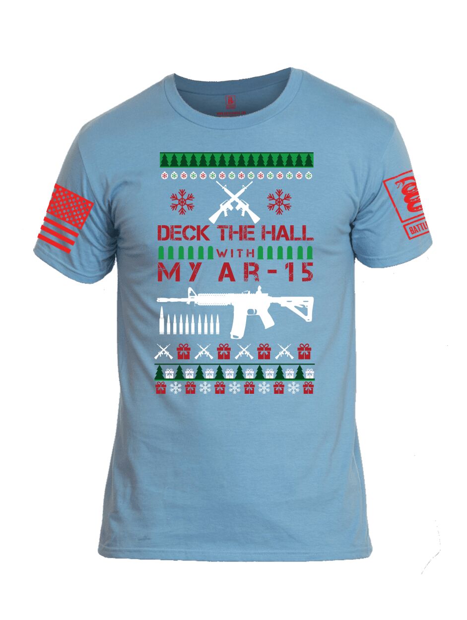 Battleraddle Deck The Hall With My AR 15 Christmas Holiday Ugly Red Sleeve Print Mens Cotton Crew Neck T Shirt