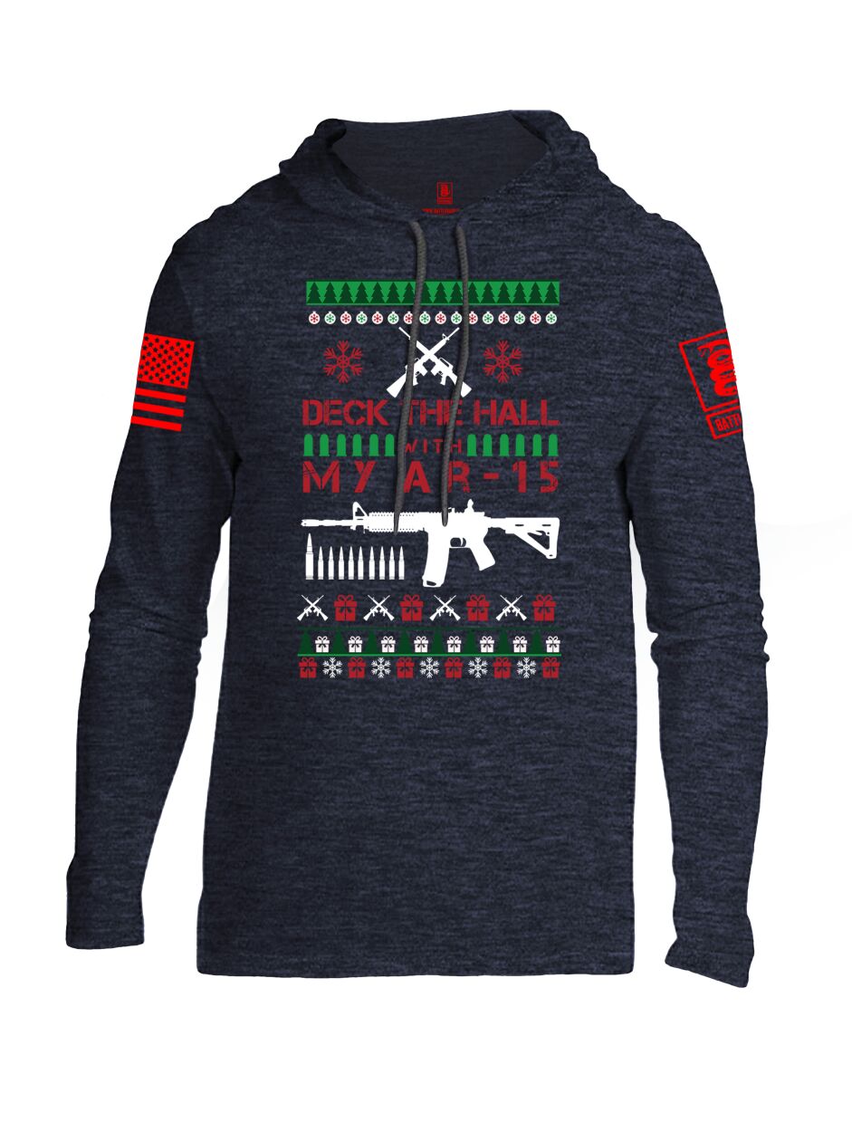 Battleraddle Deck The Hall With My AR 15 Christmas Holiday Ugly Red Sleeve Print Mens Thin Cotton Lightweight Hoodie