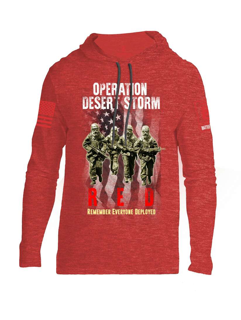 Battleraddle Operation Desert Storm RED Remember Everyone Deployed Red Sleeve Print Mens Thin Cotton Lightweight Hoodie
