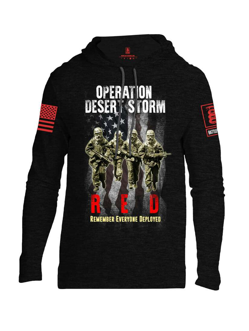 Battleraddle Operation Desert Storm RED Remember Everyone Deployed Red Sleeve Print Mens Thin Cotton Lightweight Hoodie