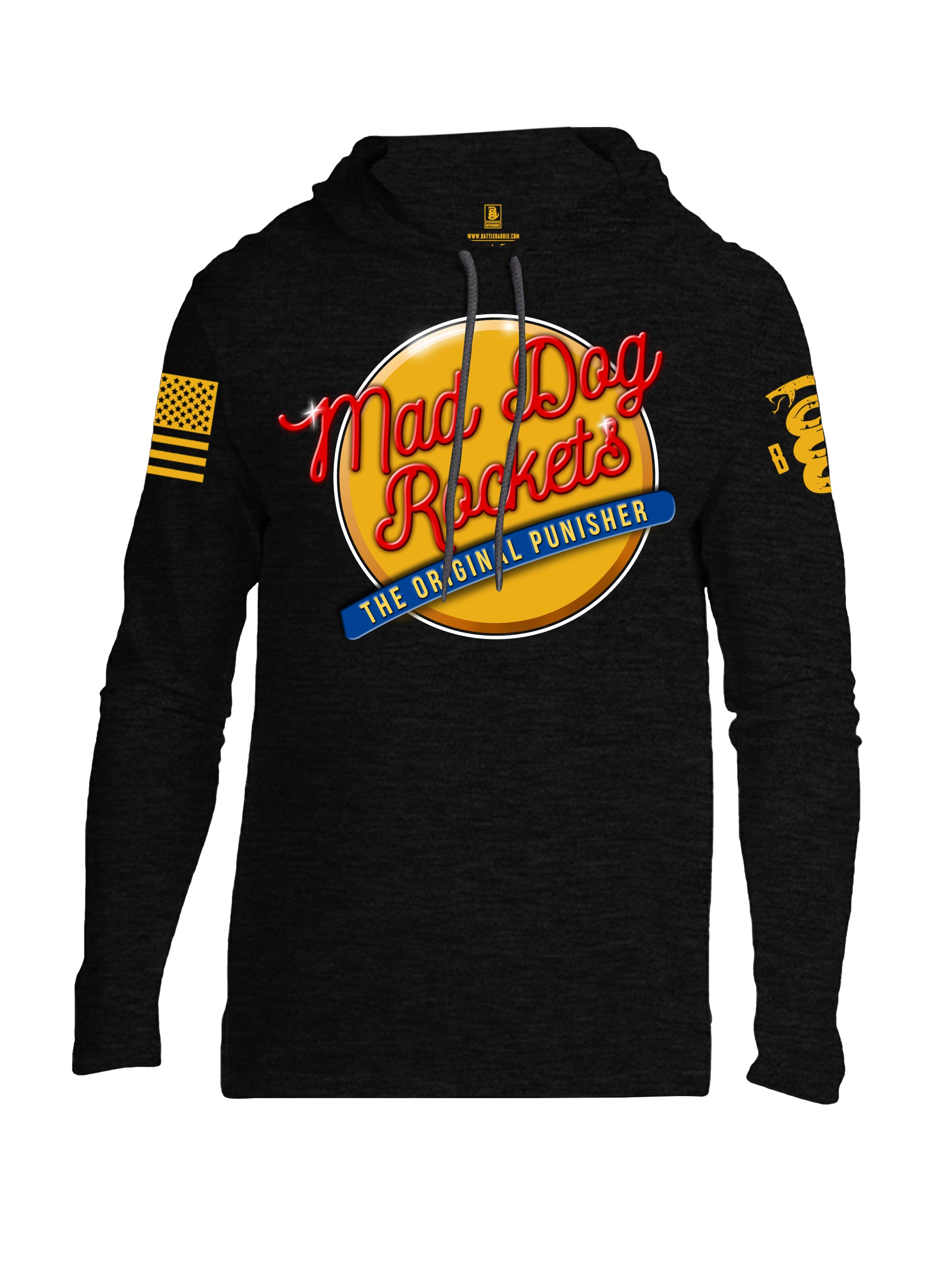 Battleraddle Mad Dog Rockets The Original Expounder Yellow Sleeve Print Mens Thin Cotton Lightweight Hoodie