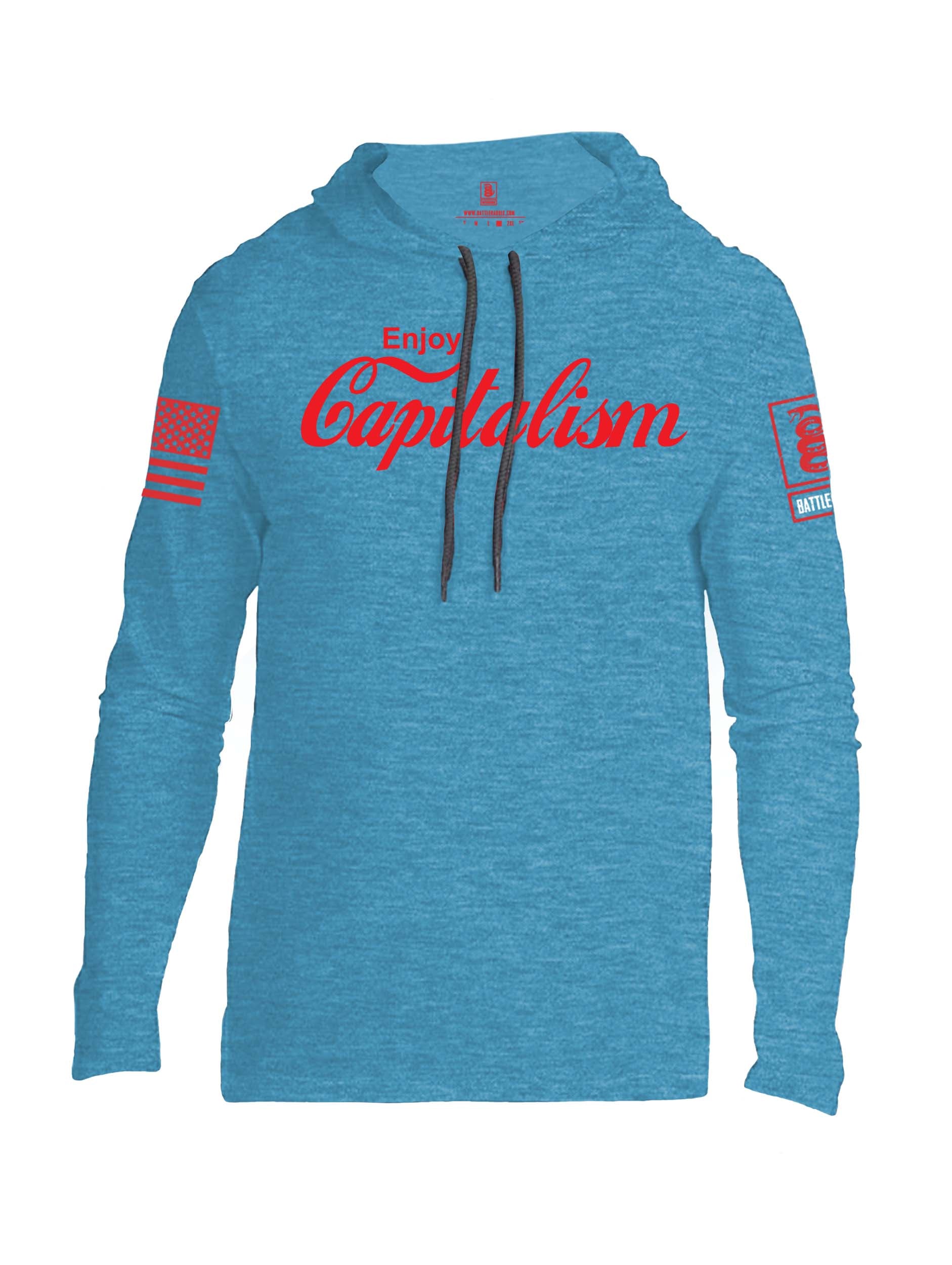 Battleraddle Enjoy Capitalism Red Sleeve Print Mens Thin Cotton Lightweight Hoodie