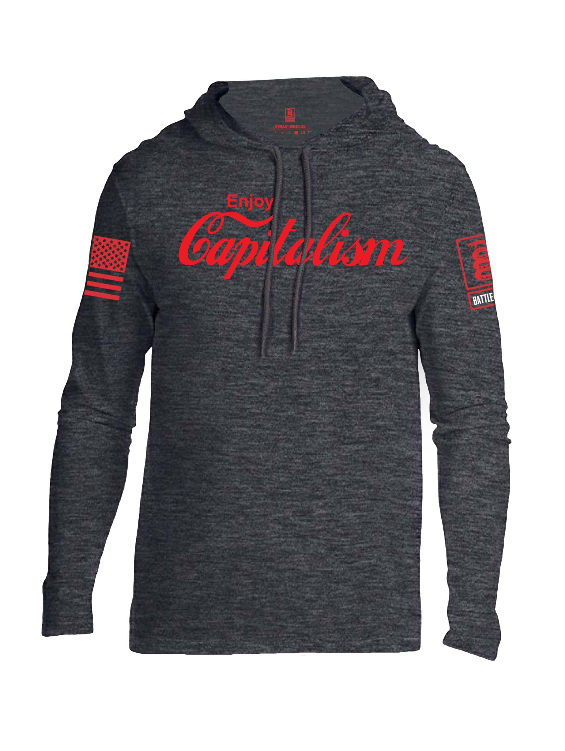 Battleraddle Enjoy Capitalism Red Sleeve Print Mens Thin Cotton Lightweight Hoodie