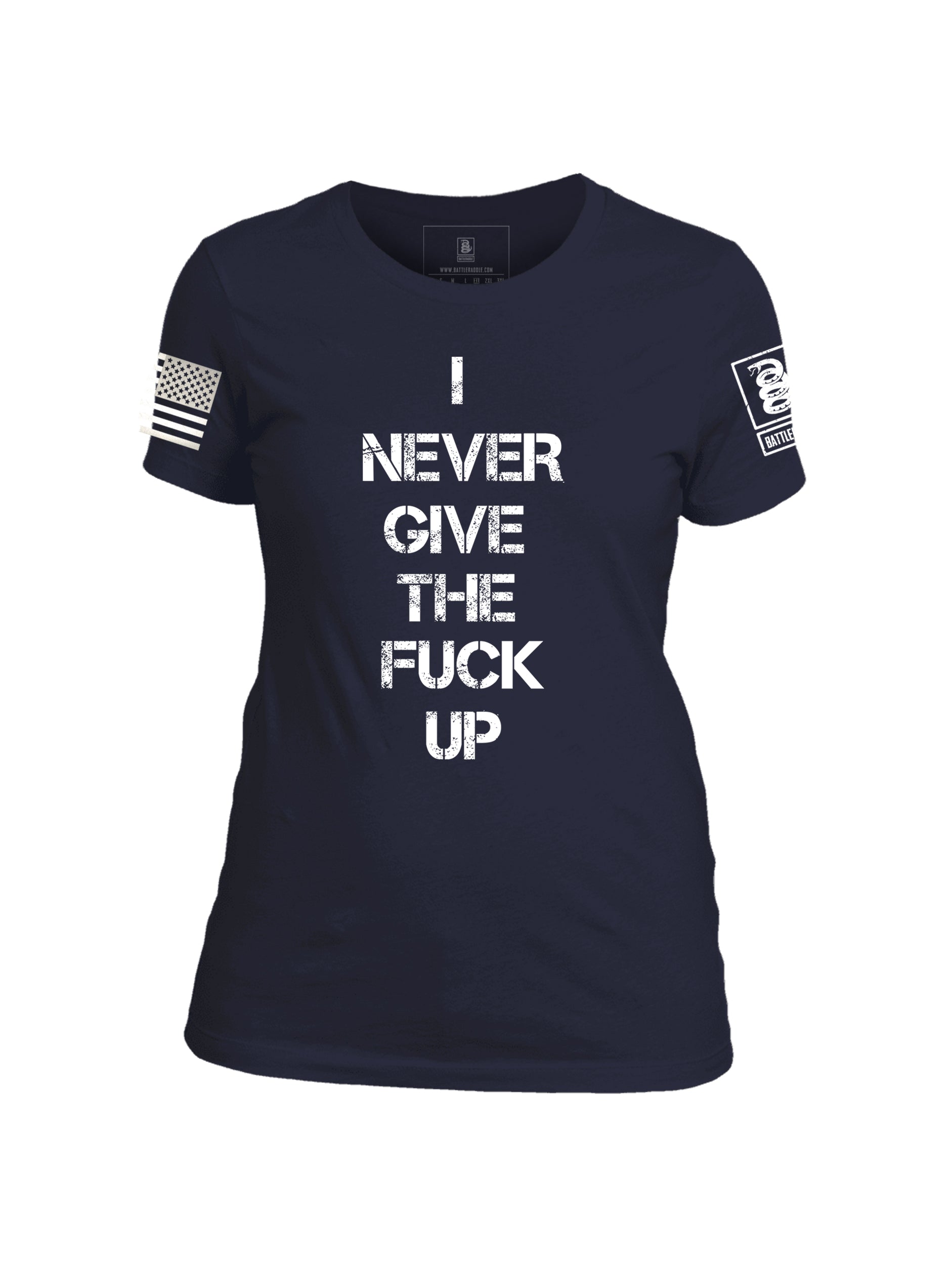 Battleraddle I Never Give Up Womens Patriotic Cool Cotton Crew Neck T Shirt