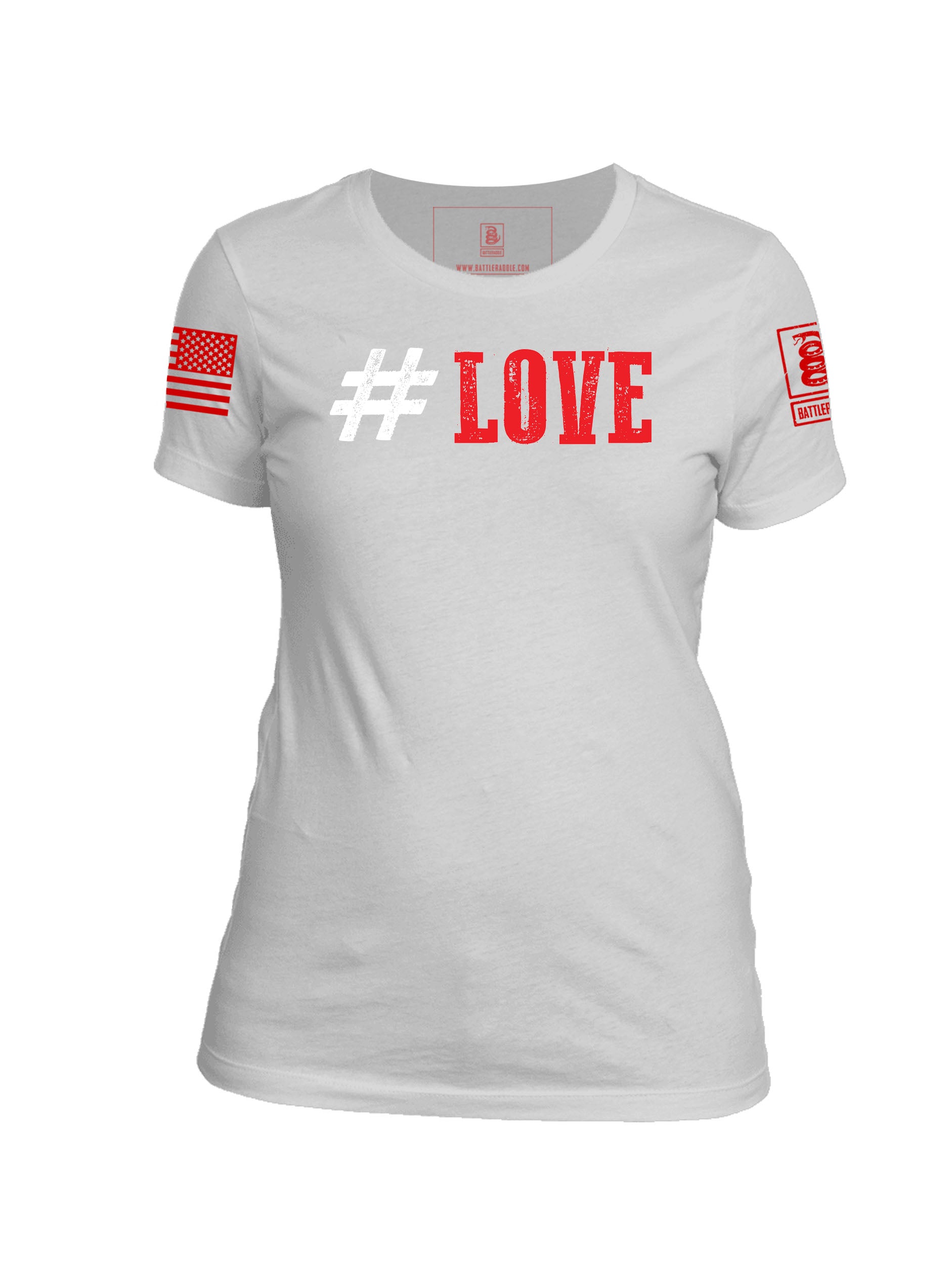 Battleraddle #Love Valentines Red Sleeve Print Womens Cotton Crew Neck T Shirt