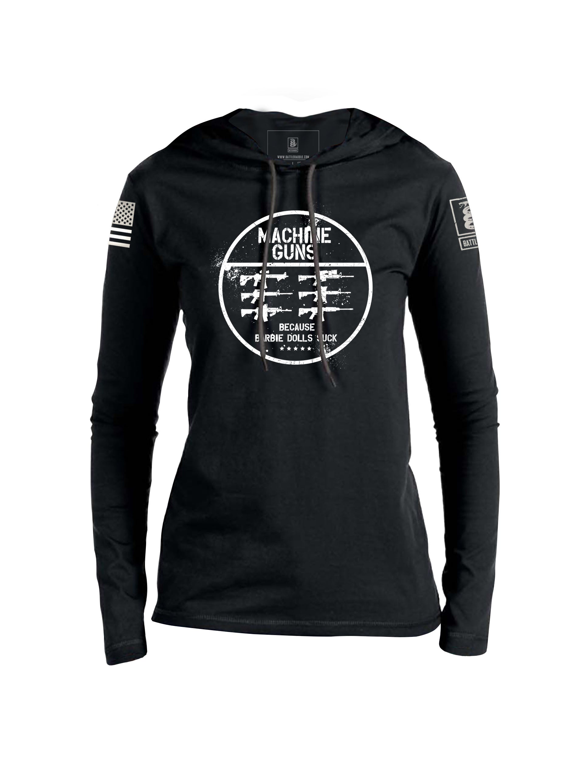 Battleraddle Machine Guns Because Barbie Dolls Suck White Sleeve Print Womens Thin  Cotton Lightweight Hoodie