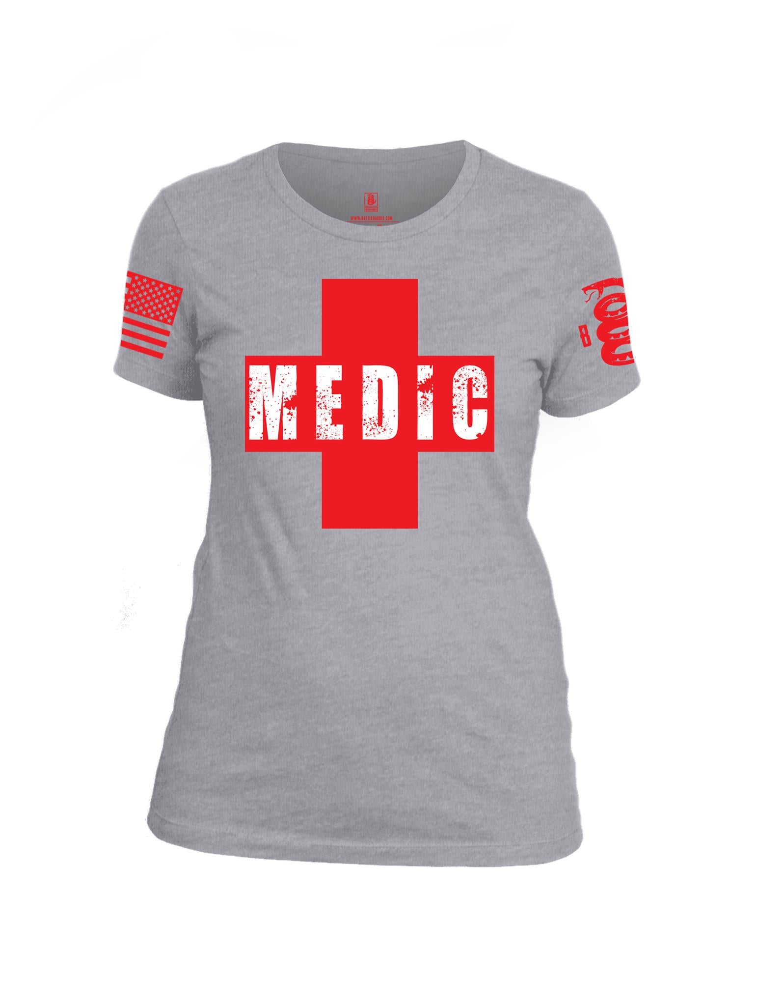 Battleraddle Medic Red Sleeve Print Womens Cotton Crew Neck T Shirt