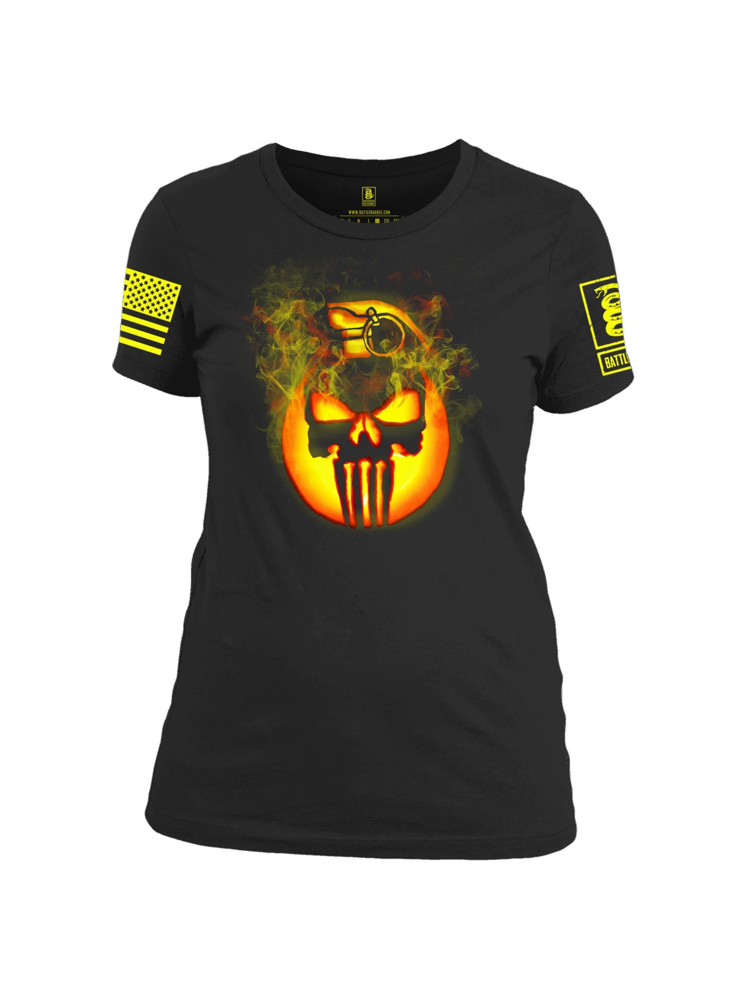 Battleraddle Expounder Skull Pumpkin Yellow Sleeve Print Womens Cotton Crew Neck T Shirt