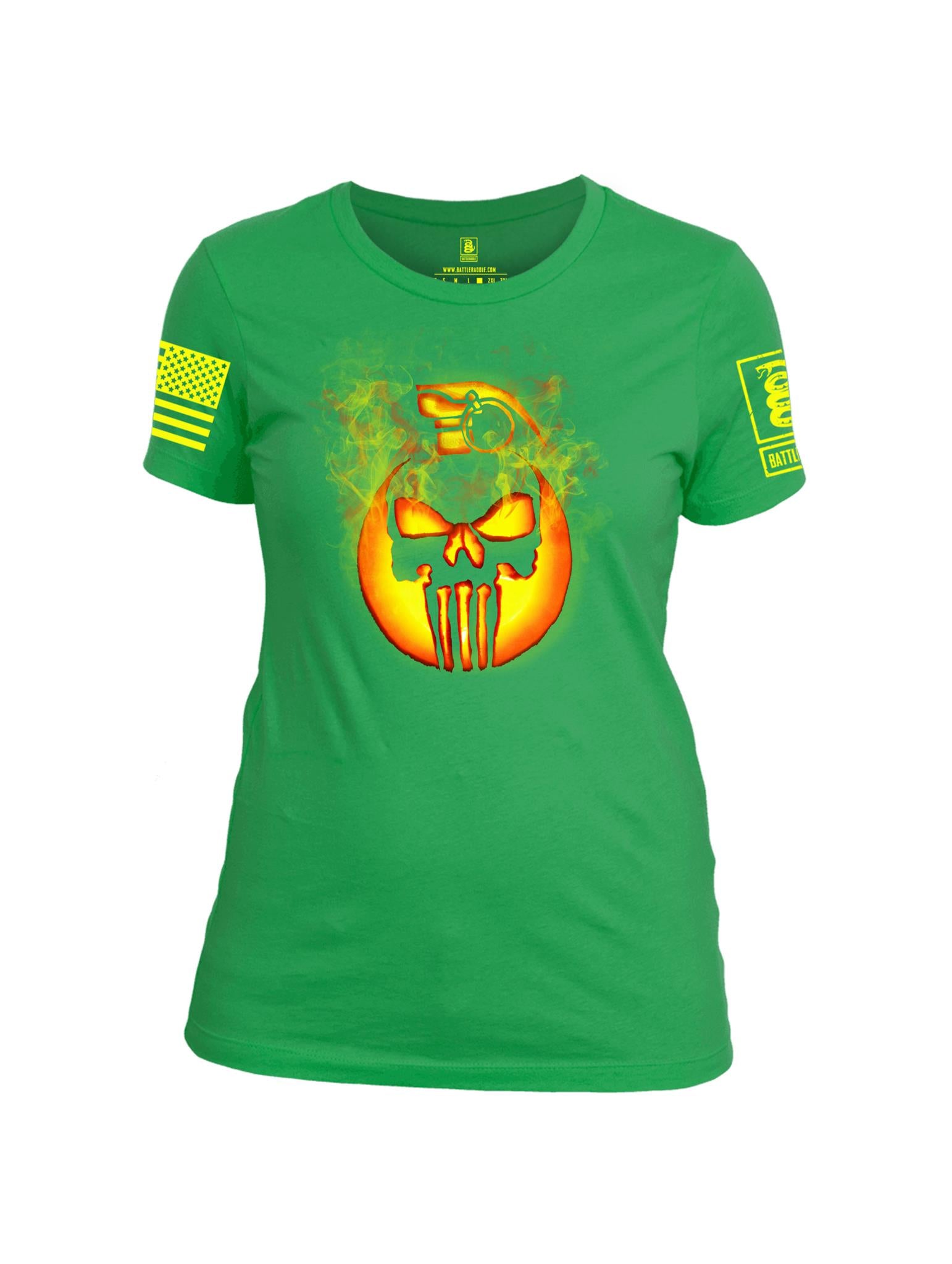 Battleraddle Expounder Skull Pumpkin Yellow Sleeve Print Womens Cotton Crew Neck T Shirt