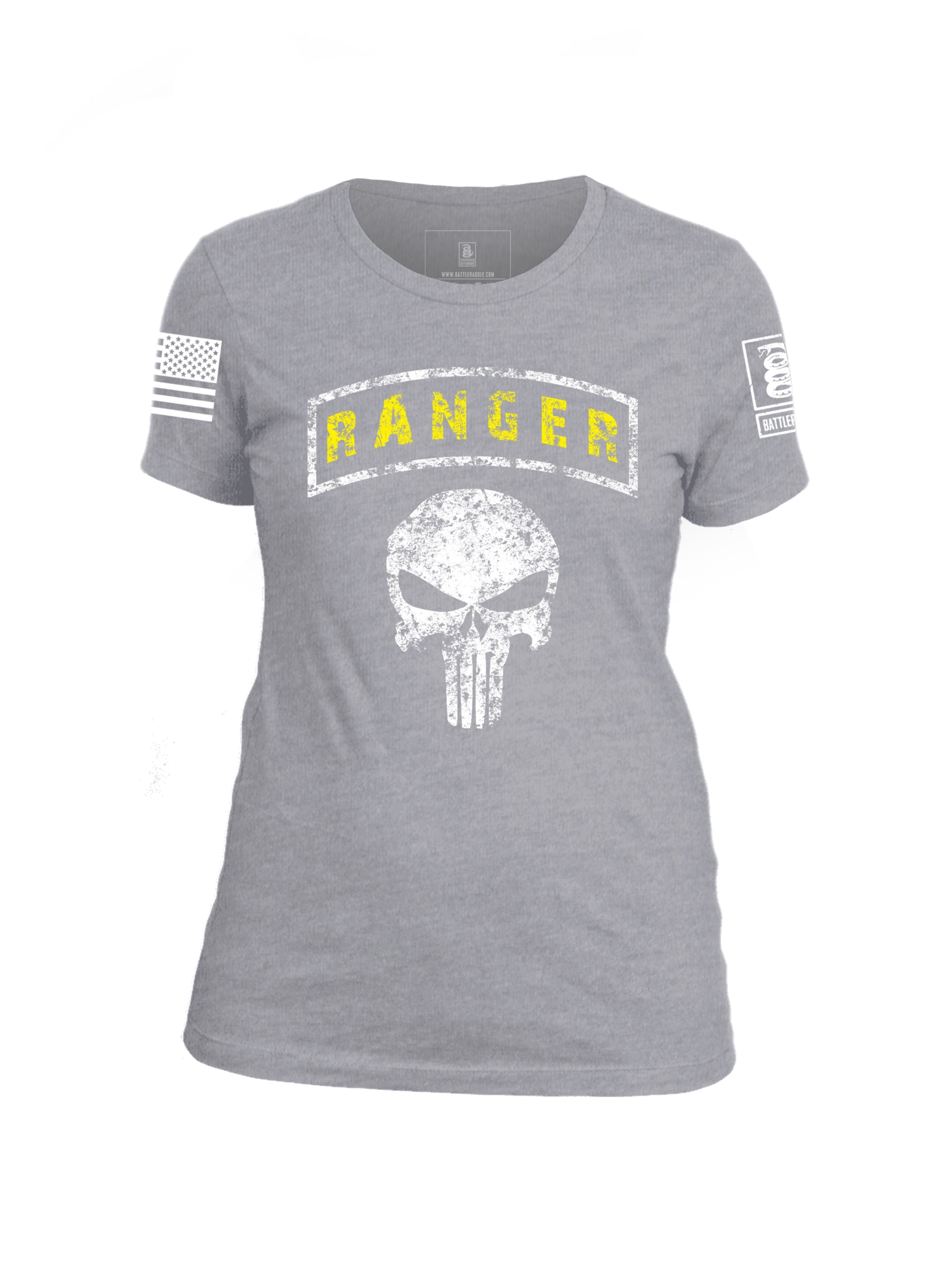 Battleraddle Ranger Punisher Skull White Sleeve Print Womens 100% Battlefit Polyester Crew Neck T Shirt