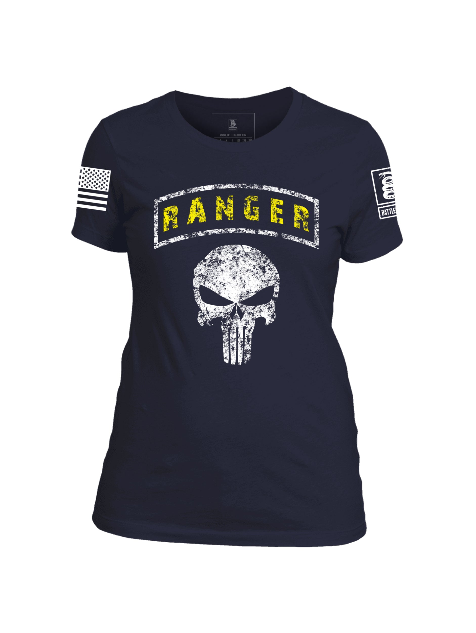 Battleraddle Ranger Punisher Skull White Sleeve Print Womens 100% Battlefit Polyester Crew Neck T Shirt