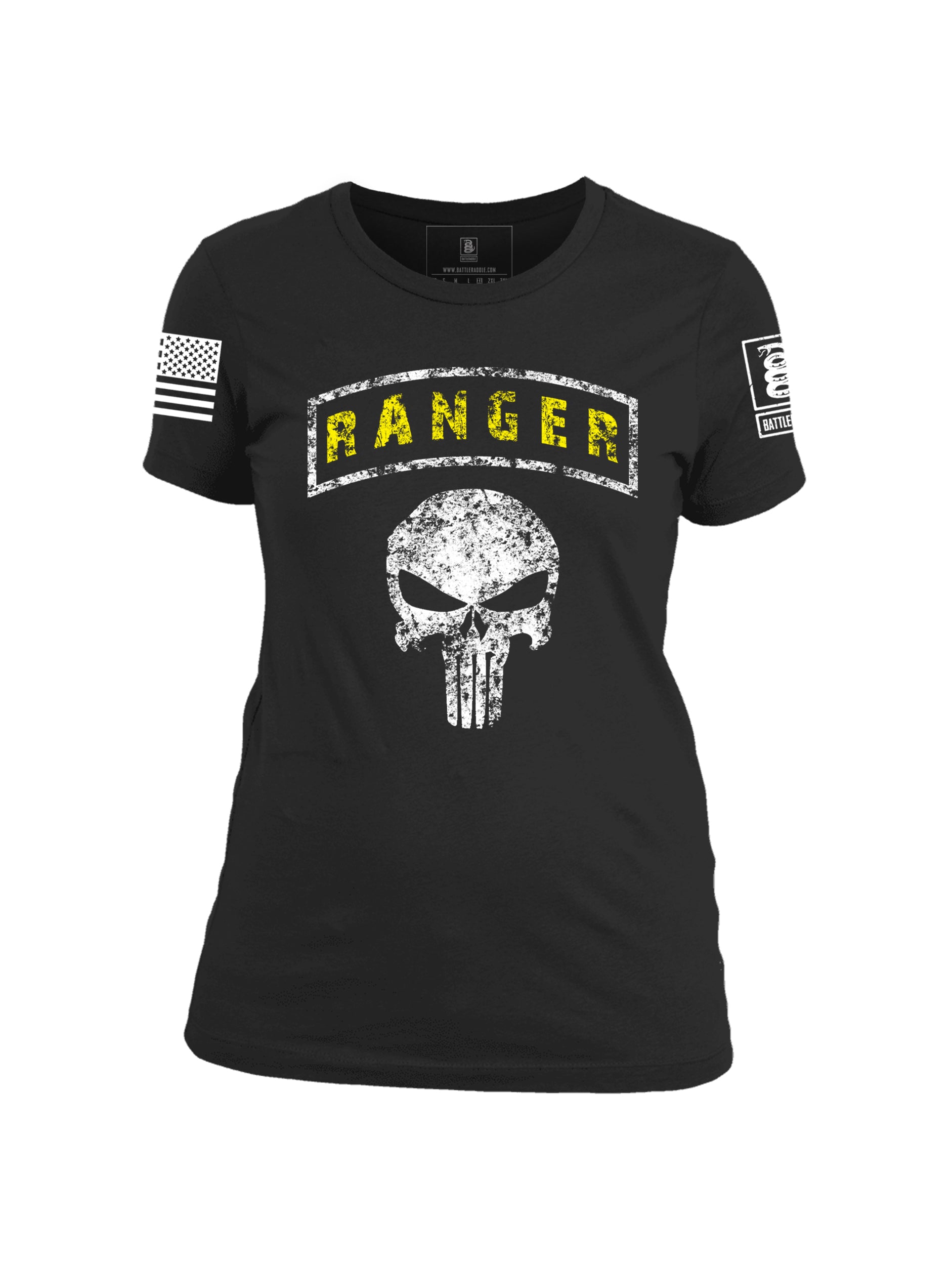 Battleraddle Ranger Punisher Skull White Sleeve Print Womens 100% Battlefit Polyester Crew Neck T Shirt