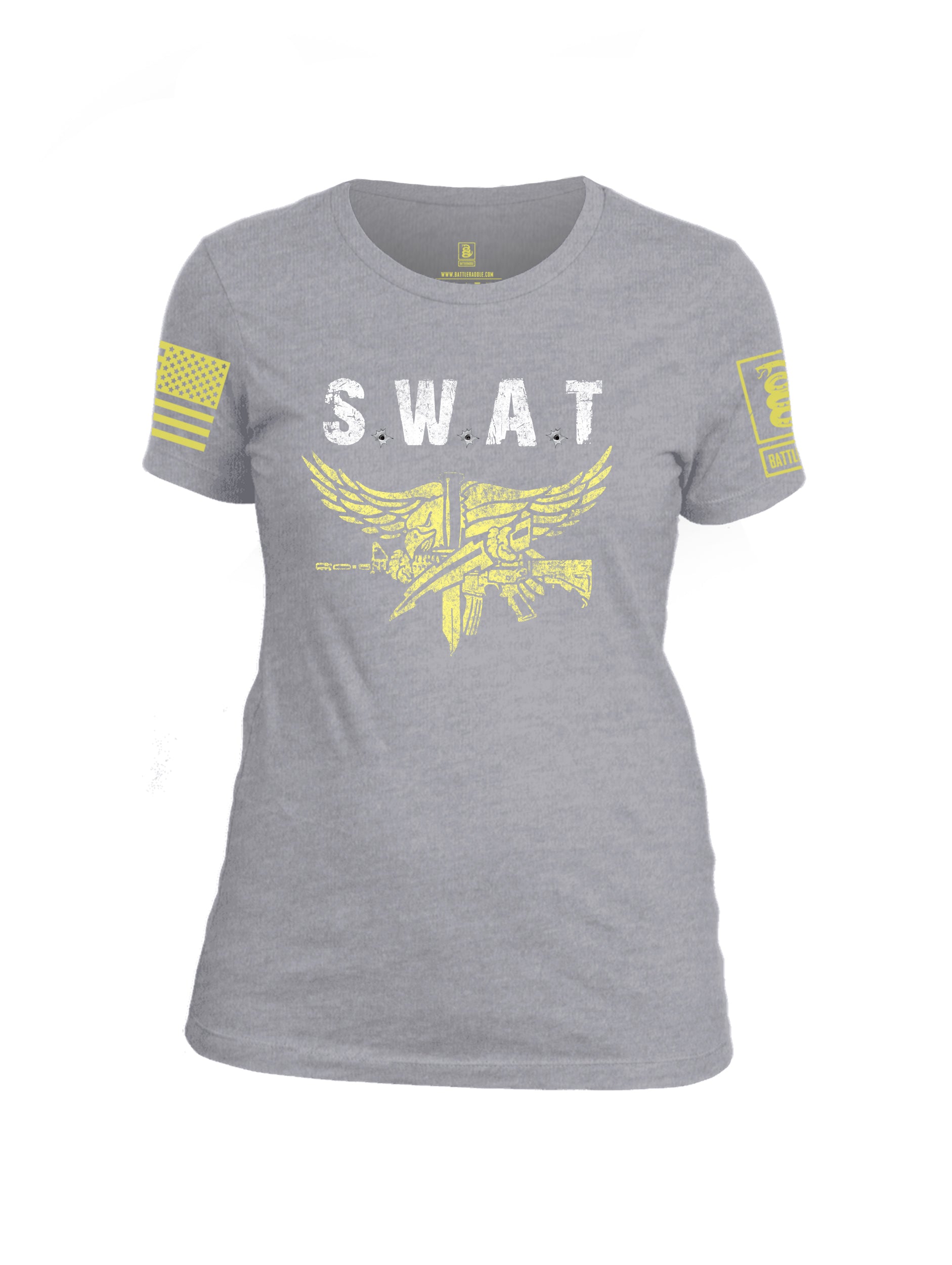 Battleraddle SWAT Light Yellow Sleeve Print Womens Cotton Crew Neck T Shirt