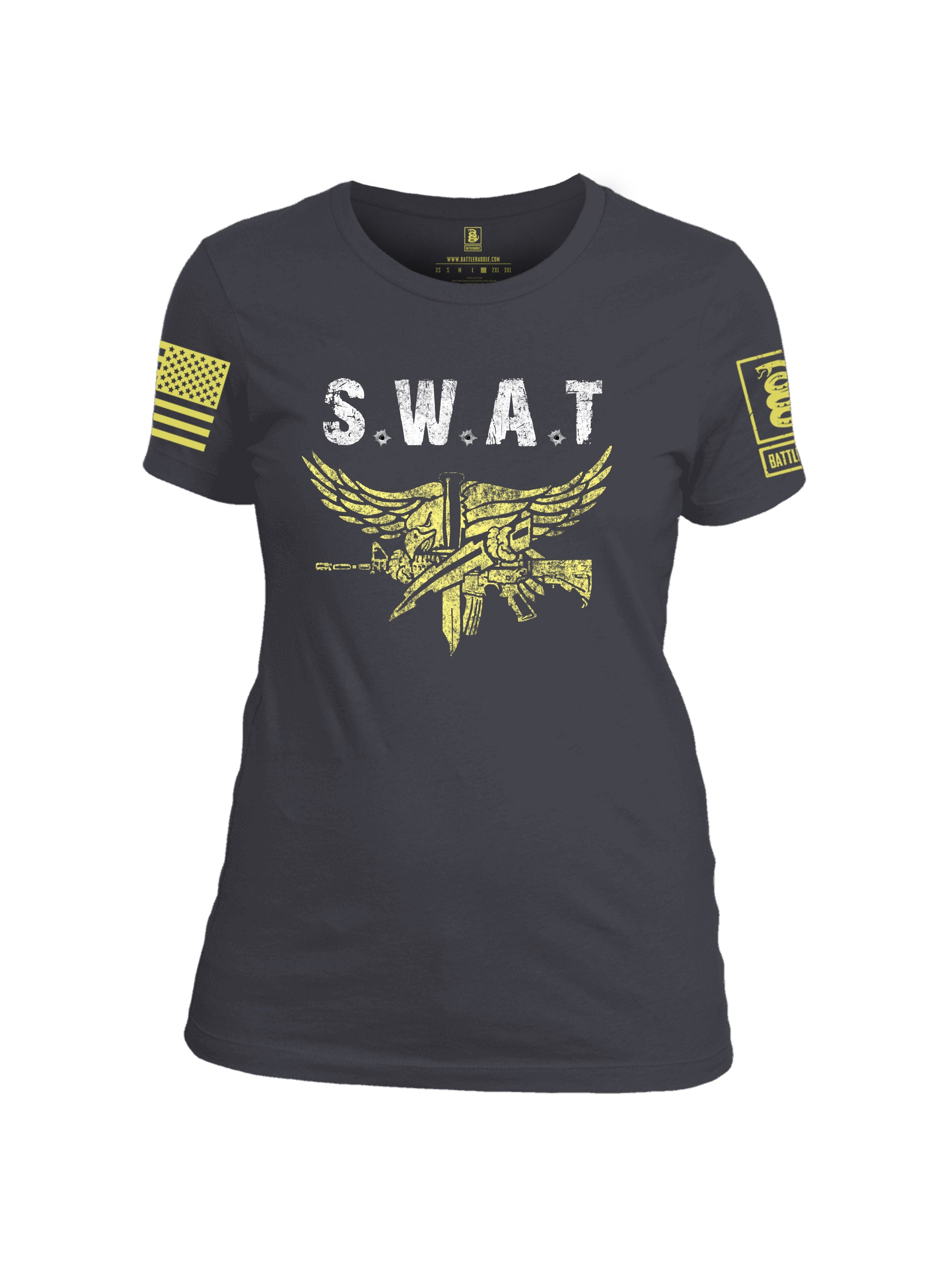 Battleraddle SWAT Light Yellow Sleeve Print Womens Cotton Crew Neck T Shirt