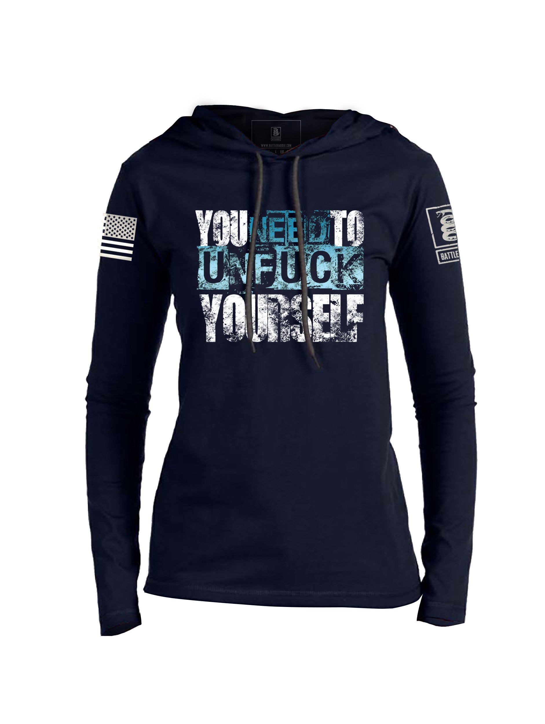 Battleraddle You Need To Unfuck Yourself White Sleeve Print Womens Thin Cotton Lightweight Hoodie