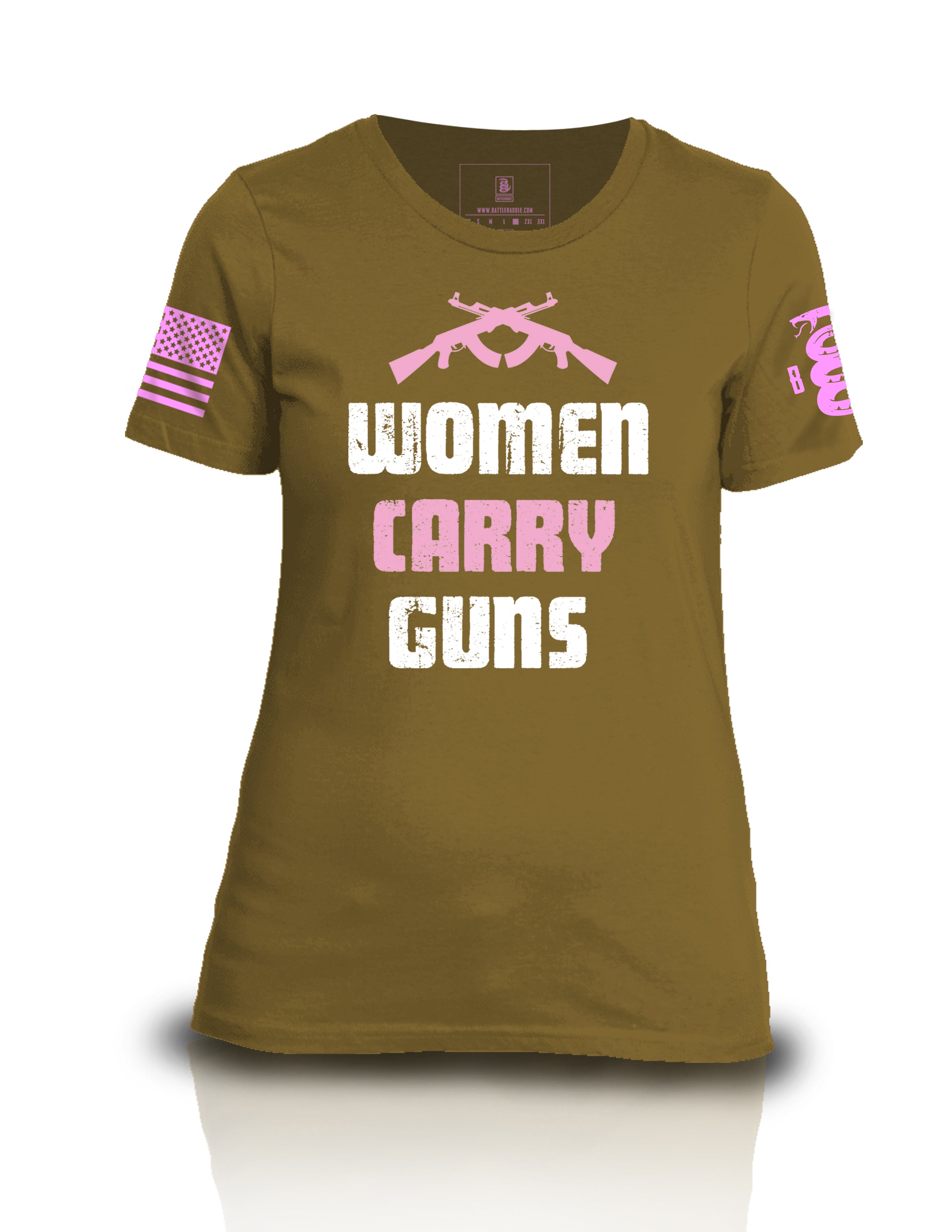 Battleraddle Women Carry Guns Pink Print Sleeve Womens Cotton Crew Neck T Shirt