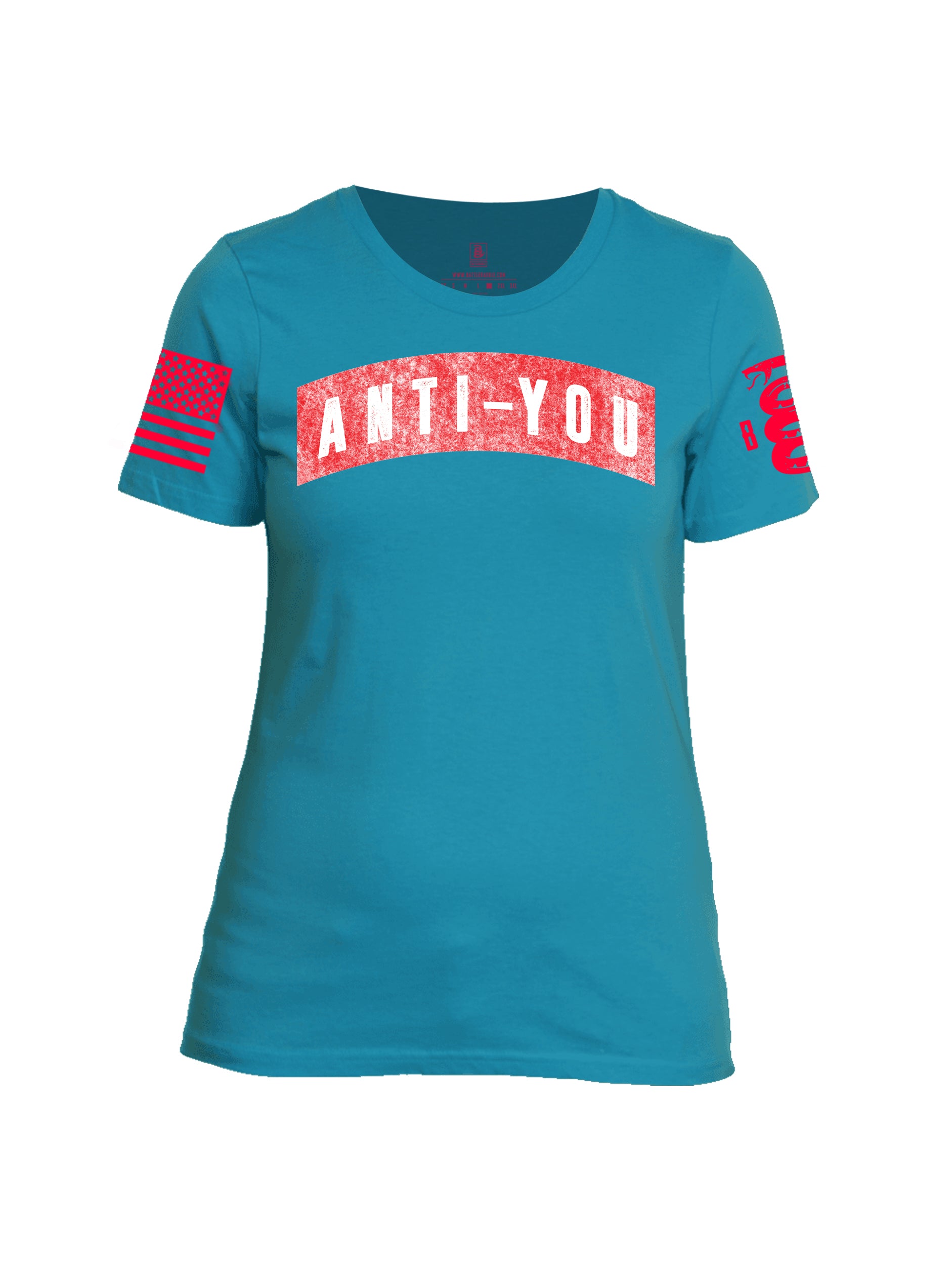 Battleraddle Anti-You Red Sleeve Print Womens Cotton Crew Neck T Shirt