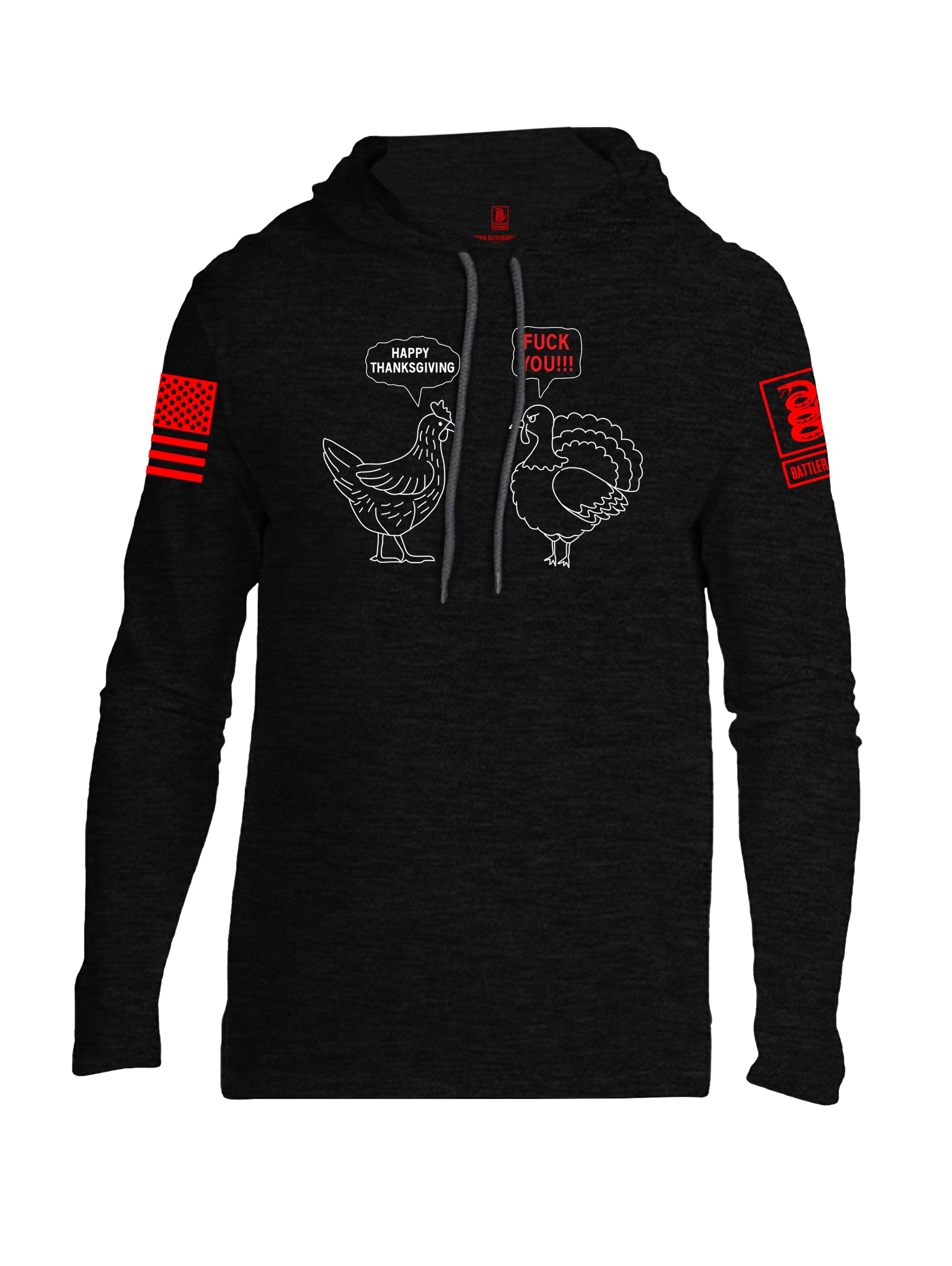 Battleraddle Happy Thanksgiving Fuck You!!! Red Sleeve Print Mens Thin Cotton Lightweight Hoodie