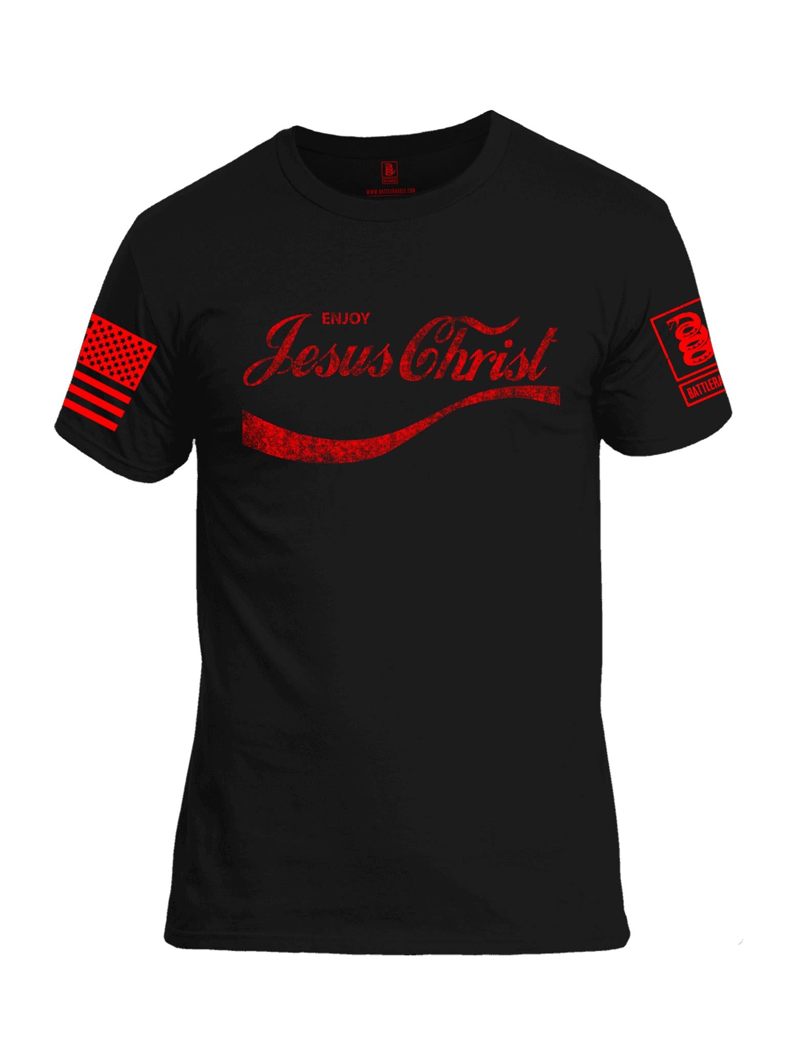 Battleraddle Enjoy Jesus Christ Red Sleeve Print Mens Cotton Crew Neck T Shirt