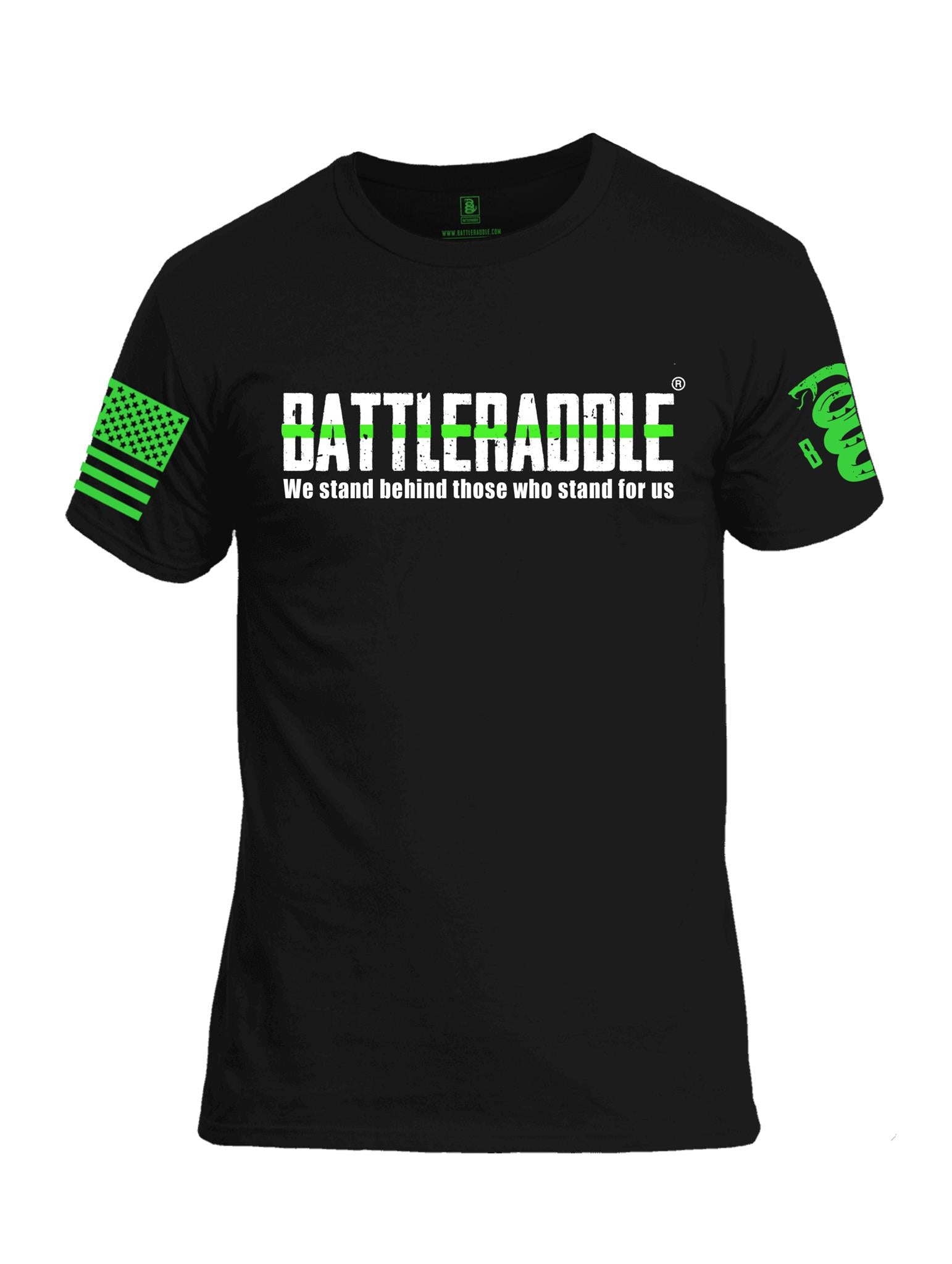 Battleraddle We Stand Behind Those Who Stand For Us Green Line Green Sleeve Print Mens Cotton Crew Neck T Shirt