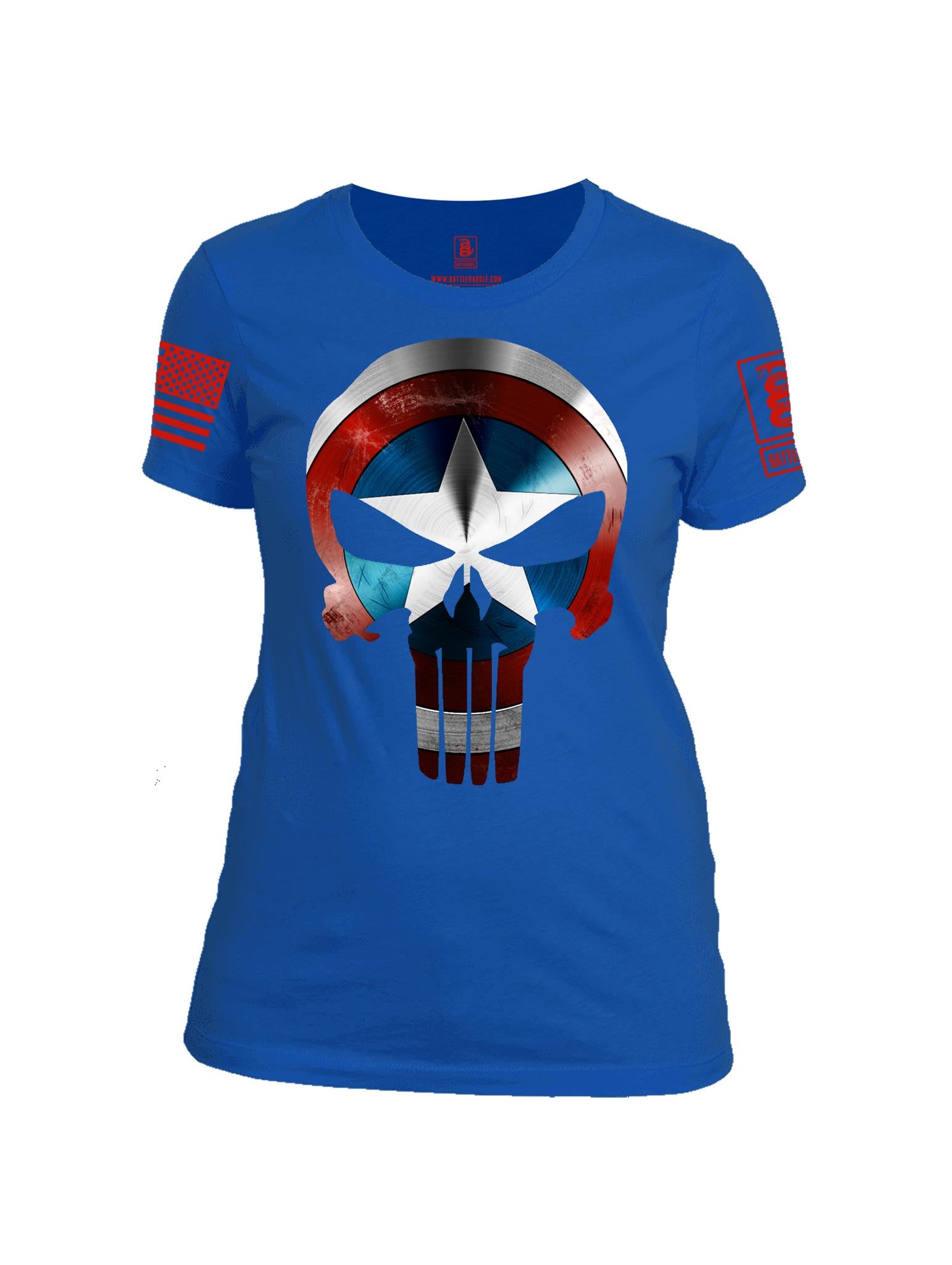 Battleraddle Captain Punisher America Shield Skull V1 Red Sleeve Print Womens Cotton Crew Neck T Shirt