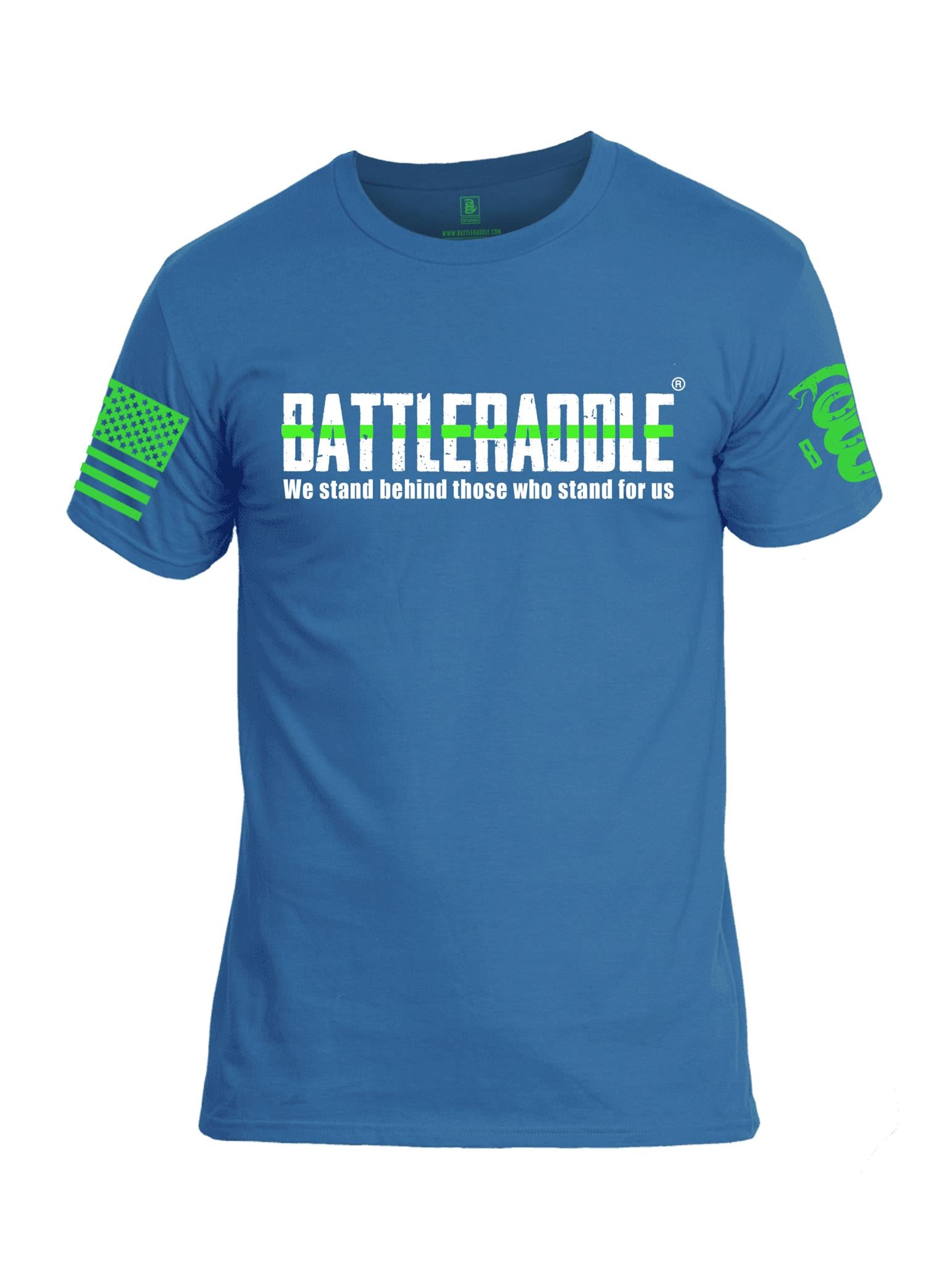 Battleraddle We Stand Behind Those Who Stand For Us Green Line Green Sleeve Print Mens Cotton Crew Neck T Shirt