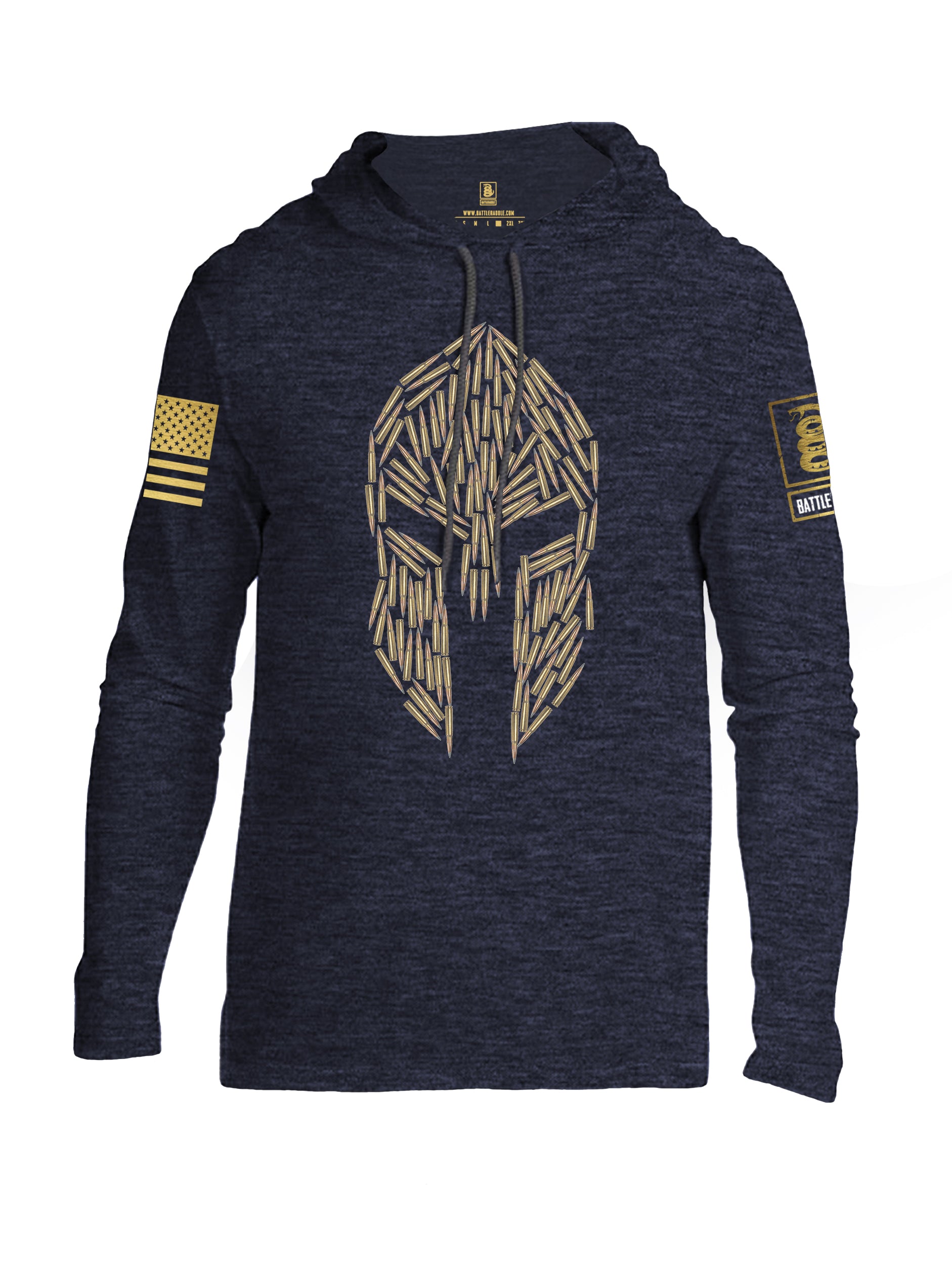 Battleraddle Spartan Brass Skull Bullets Brass Sleeve Print Mens Thin Cotton Lightweight Hoodie