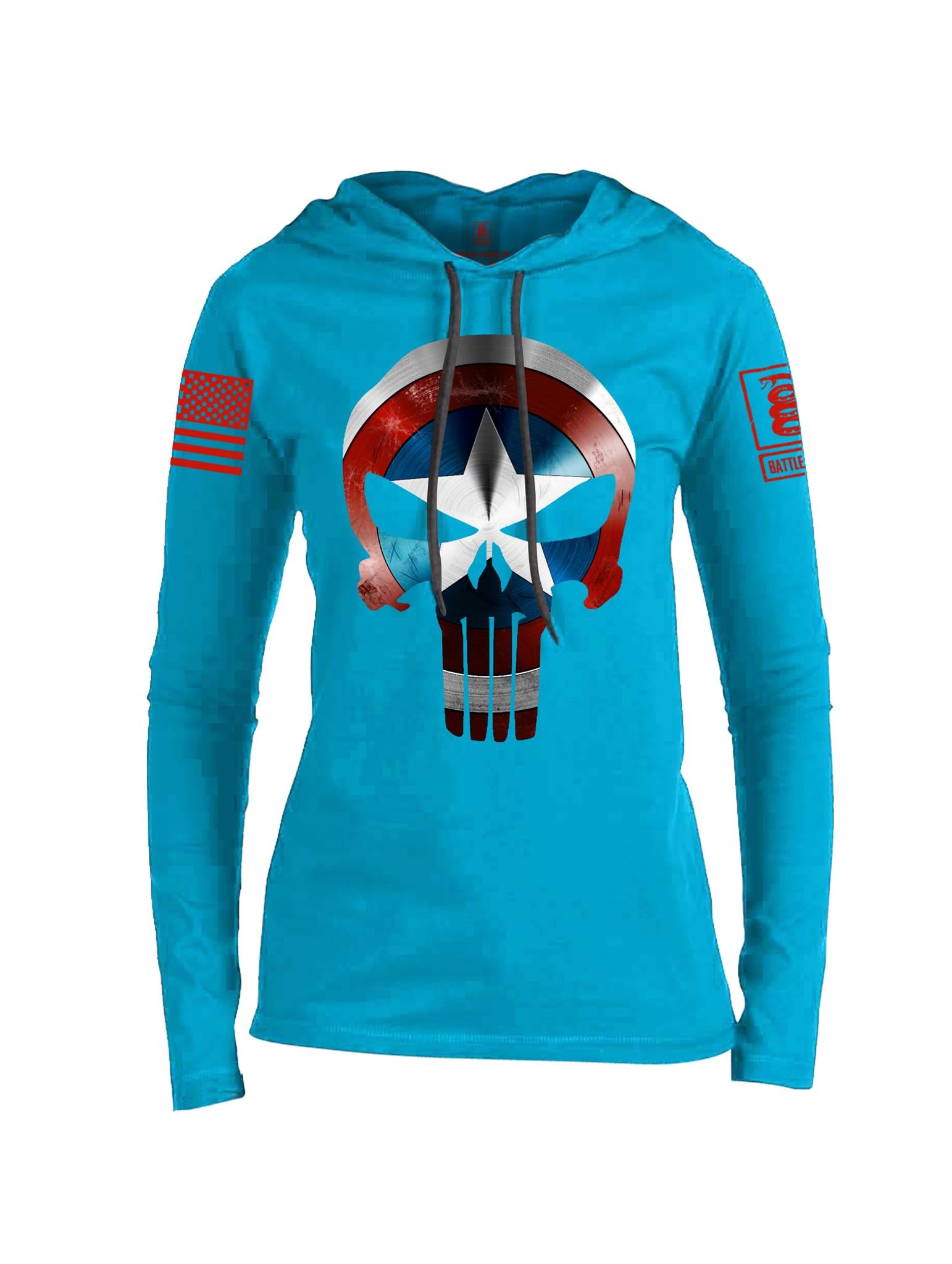 Battleraddle Captain Punisher America Shield Skull V1 Red Sleeve Print Womens Thin Cotton Lightweight Hoodie