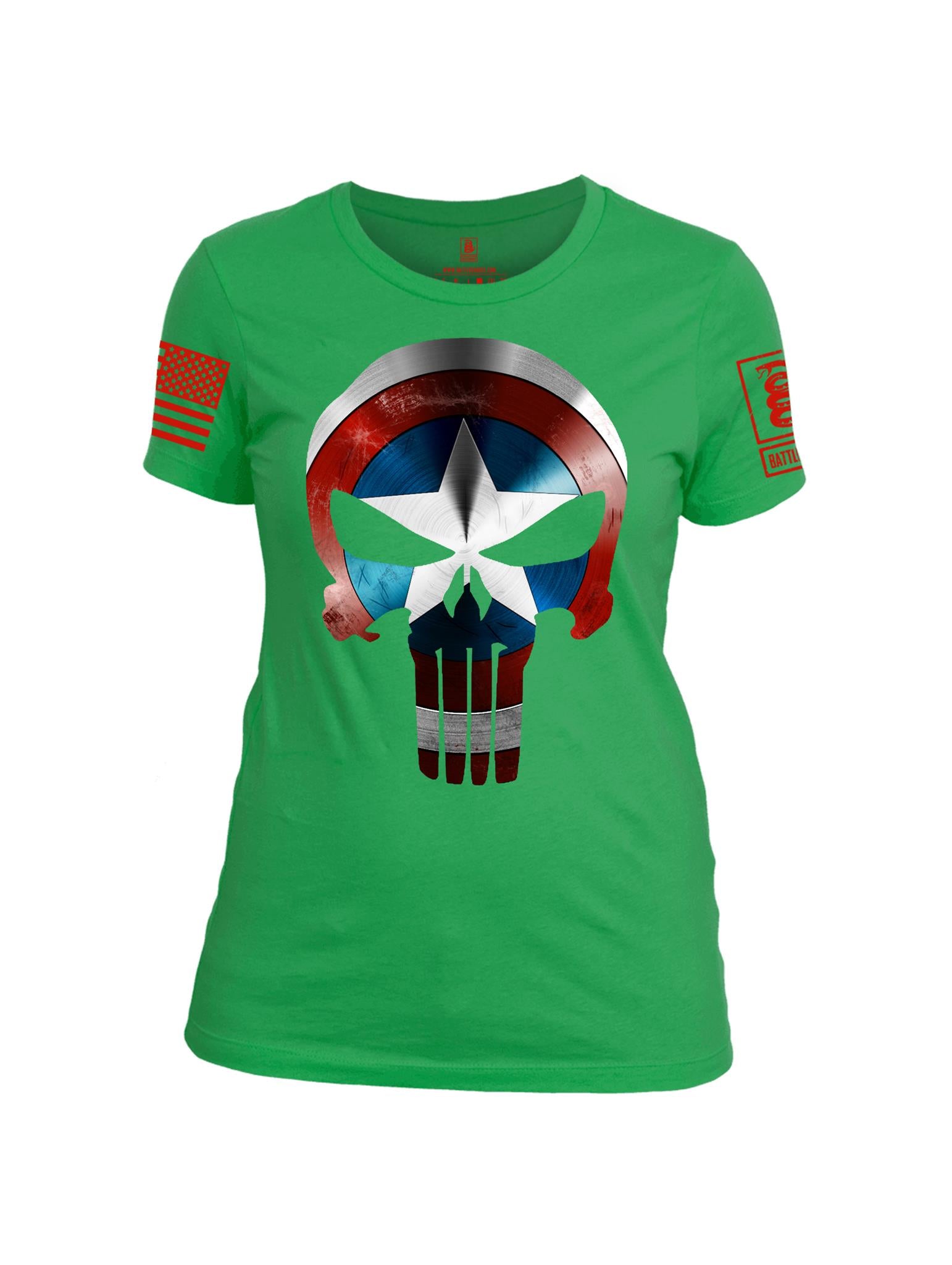 Battleraddle Captain Punisher America Shield Skull V1 Red Sleeve Print Womens Cotton Crew Neck T Shirt