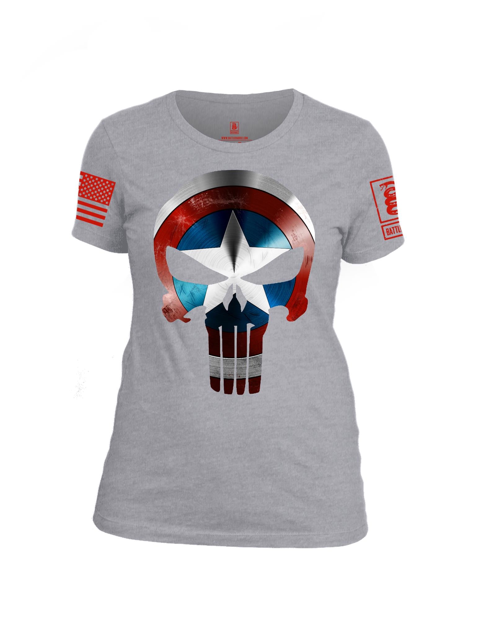 Battleraddle Captain Punisher America Shield Skull V1 Red Sleeve Print Womens Cotton Crew Neck T Shirt