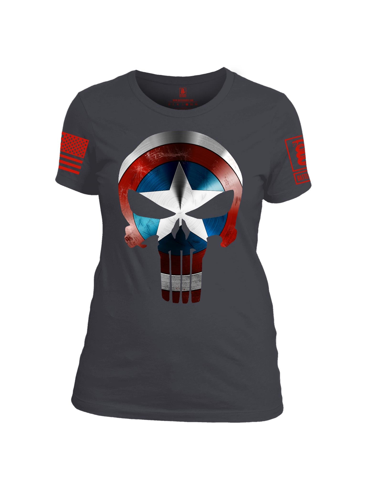 Battleraddle Captain Punisher America Shield Skull V1 Red Sleeve Print Womens Cotton Crew Neck T Shirt