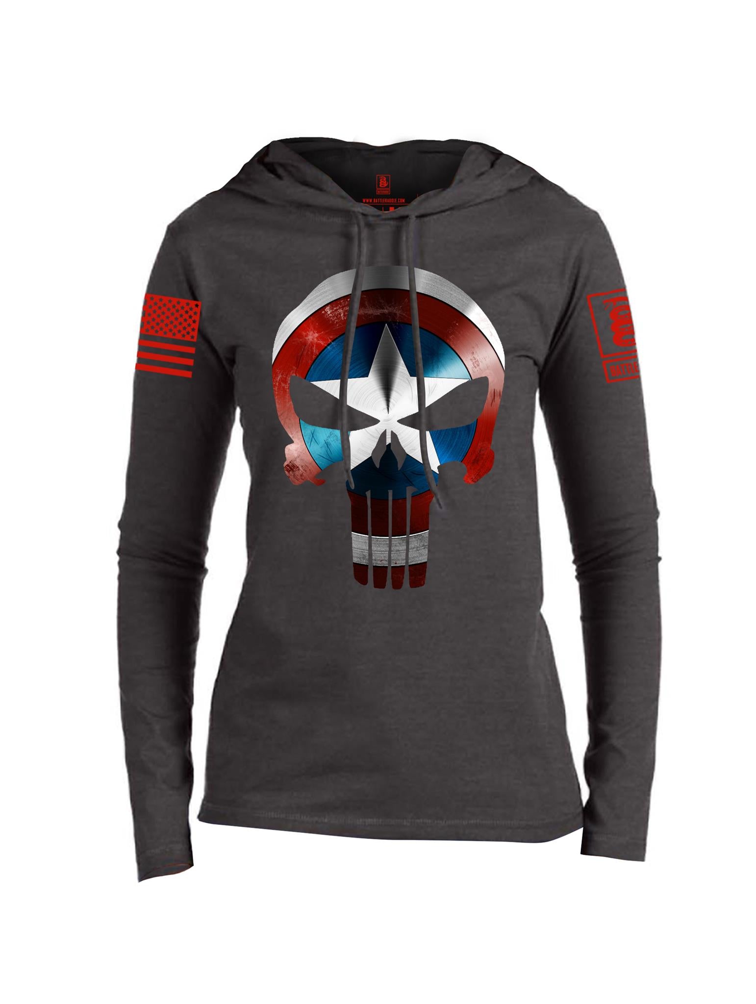 Battleraddle Captain Punisher America Shield Skull V1 Red Sleeve Print Womens Thin Cotton Lightweight Hoodie