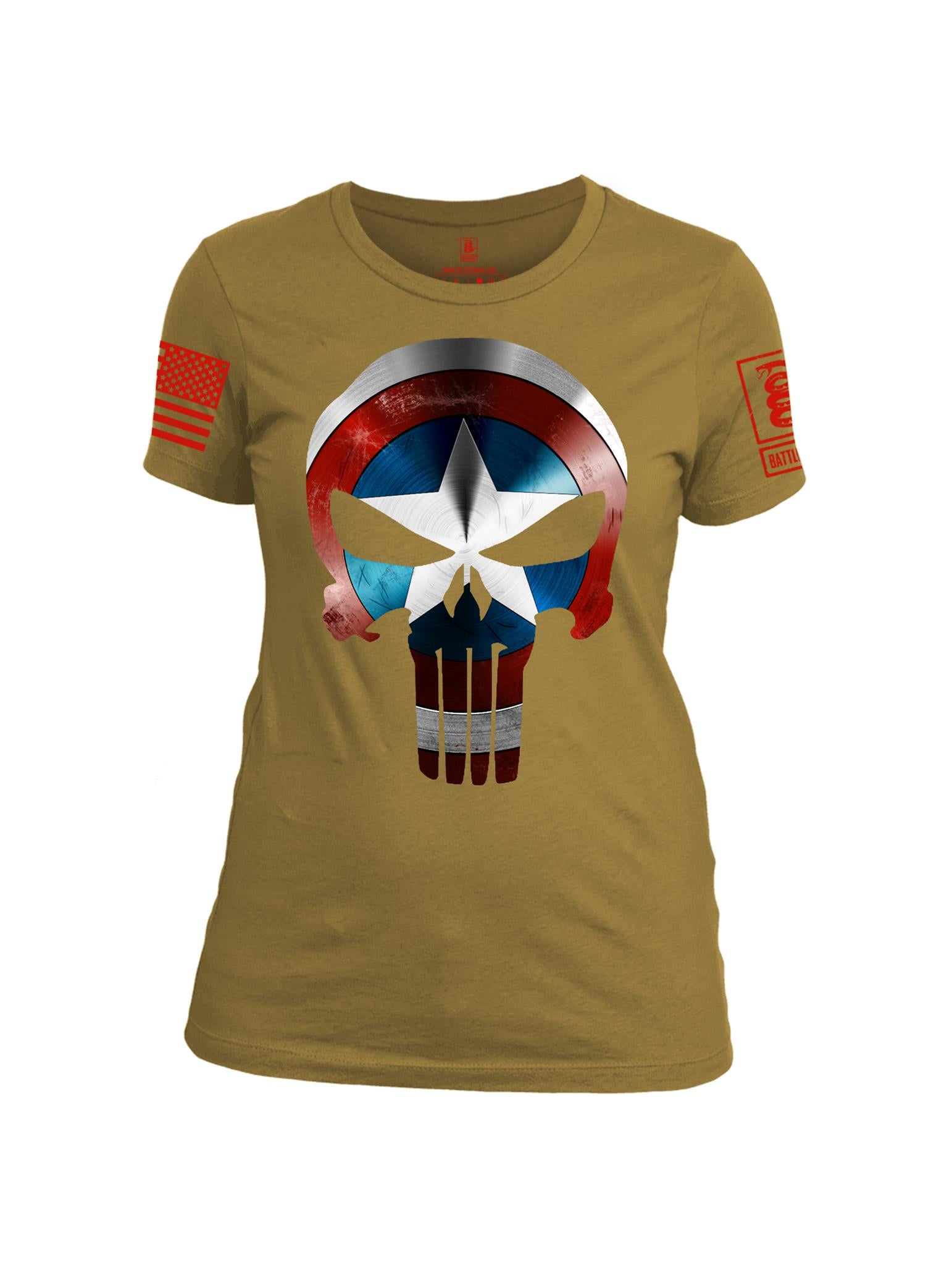 Battleraddle Captain Punisher America Shield Skull V1 Red Sleeve Print Womens Cotton Crew Neck T Shirt