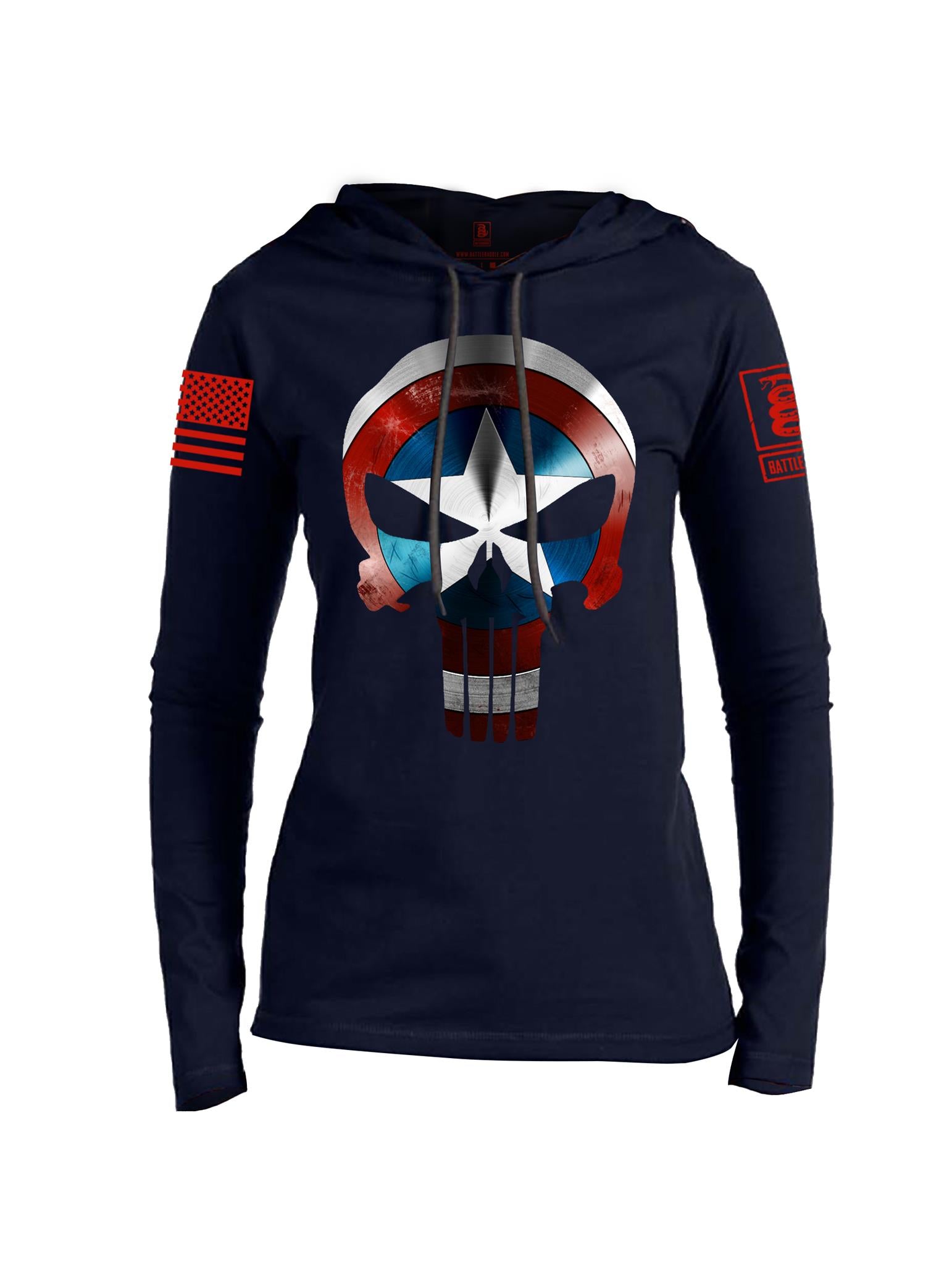 Battleraddle Captain Punisher America Shield Skull V1 Red Sleeve Print Womens Thin Cotton Lightweight Hoodie