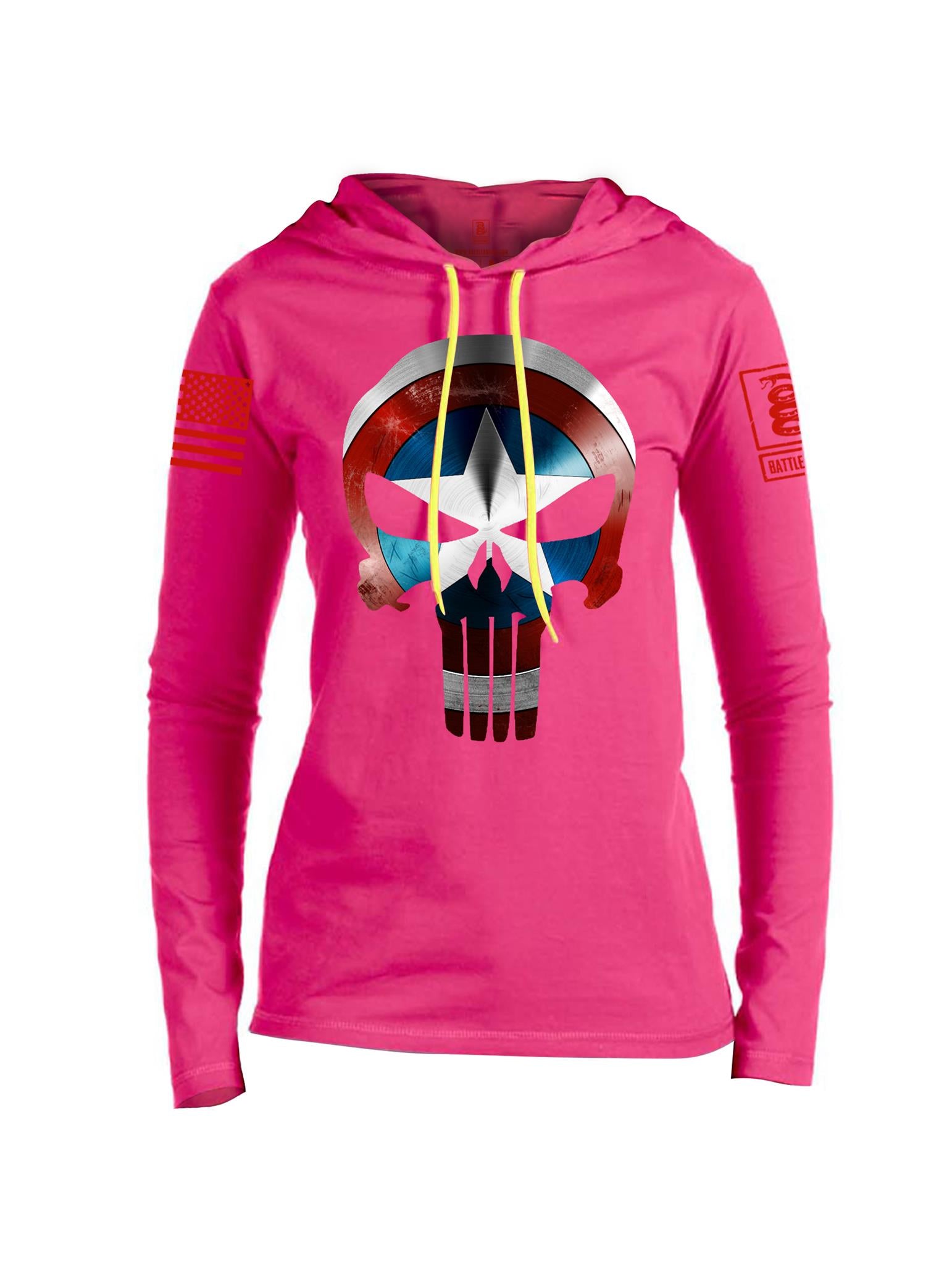 Battleraddle Captain Punisher America Shield Skull V1 Red Sleeve Print Womens Thin Cotton Lightweight Hoodie