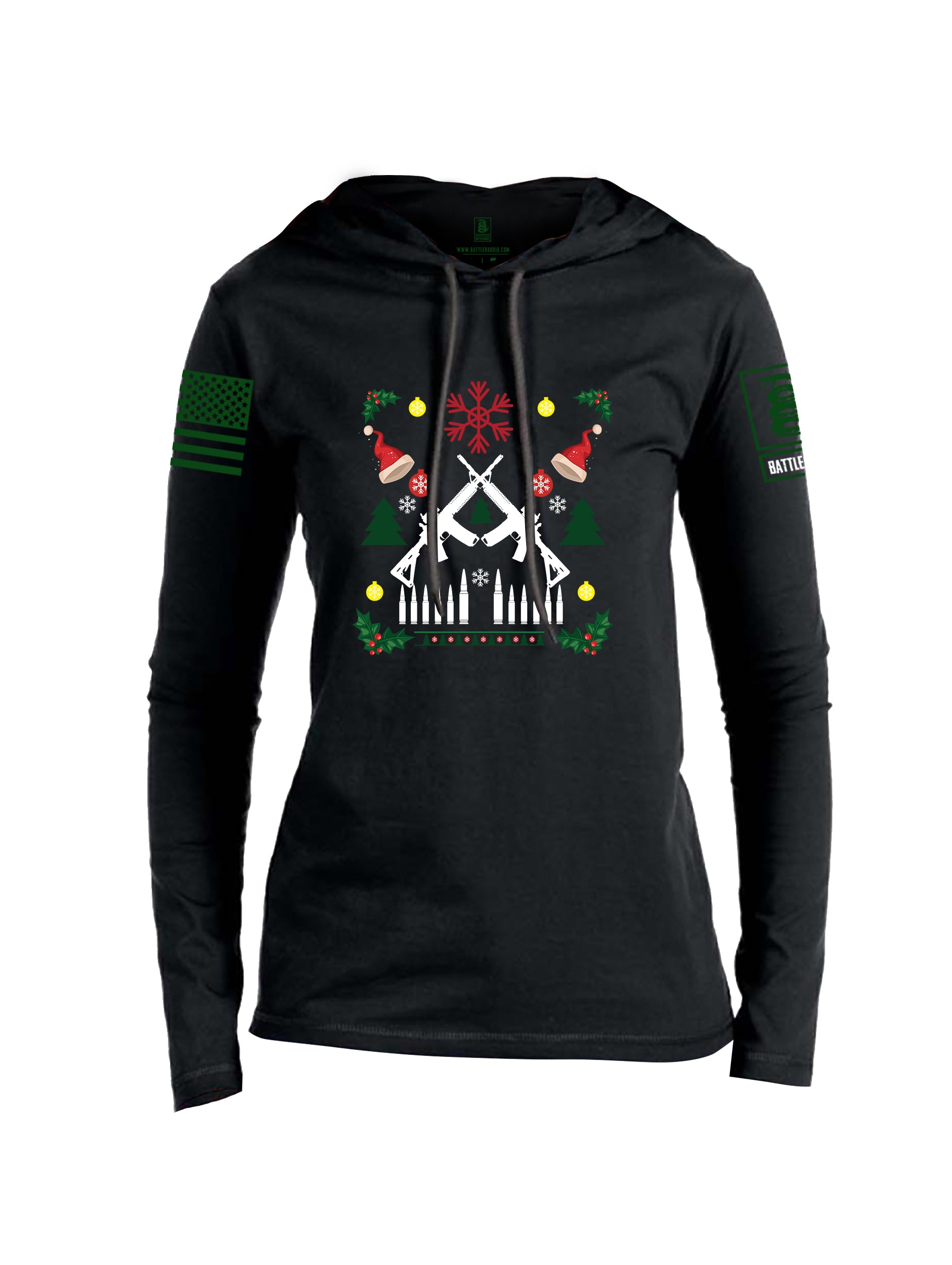 Battleraddle AR15 Cross Rifle Bullet Links Christmas Holiday Ugly Green Sleeve Womens Thin Cotton Lightweight Hoodie