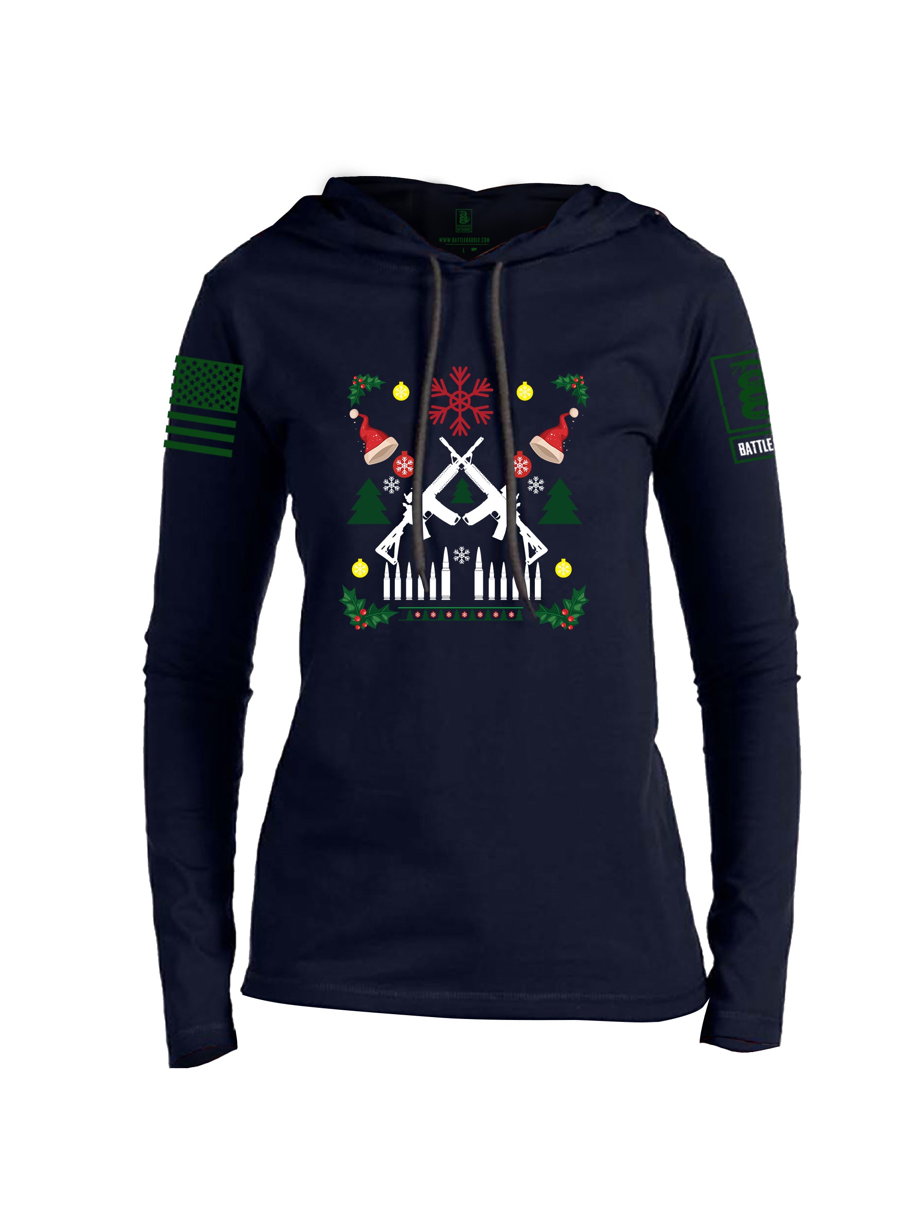 Battleraddle AR15 Cross Rifle Bullet Links Christmas Holiday Ugly Green Sleeve Womens Thin Cotton Lightweight Hoodie