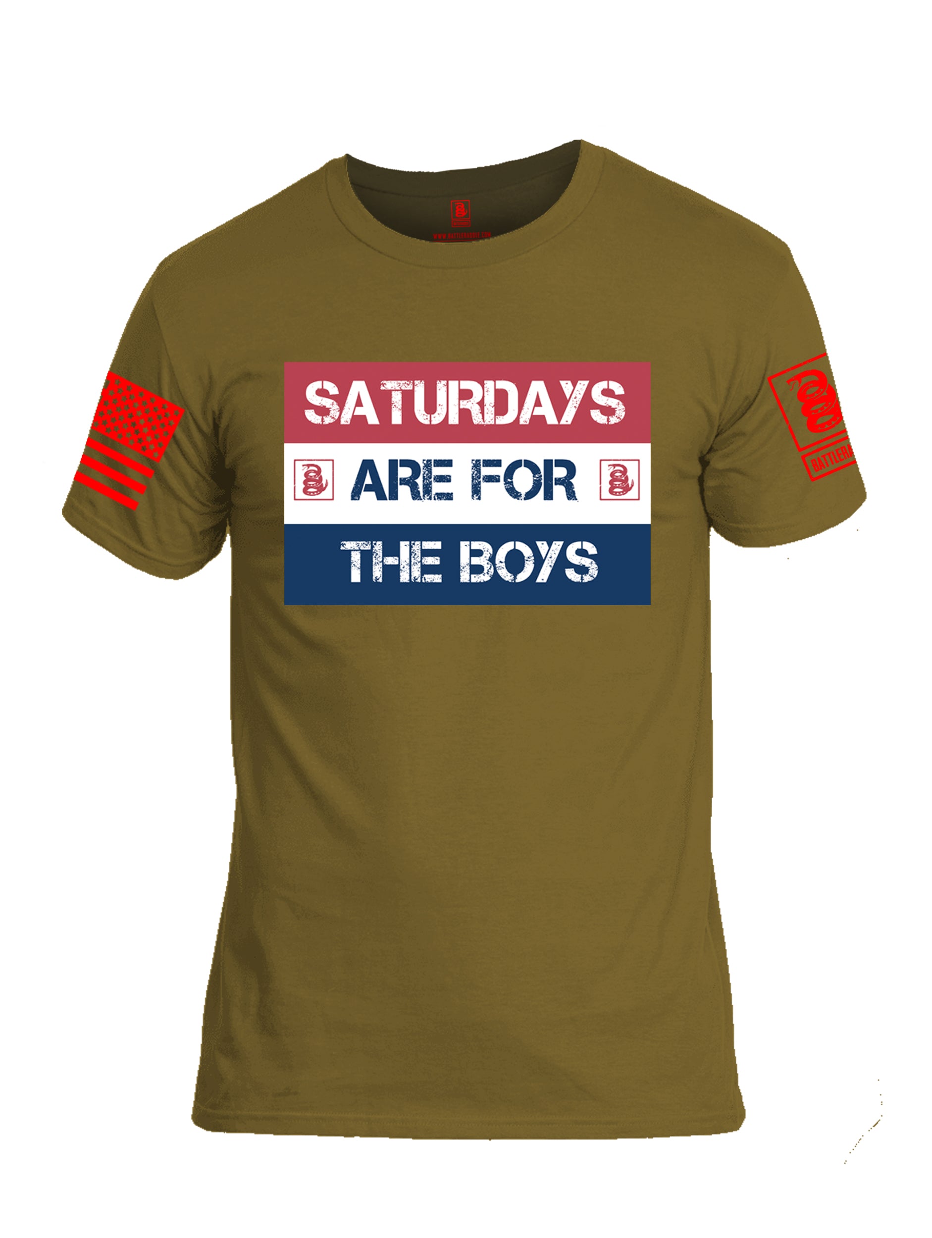 Battleraddle Saturdays Are For The Boys Red Sleeve Print Mens Cotton Crew Neck T Shirt