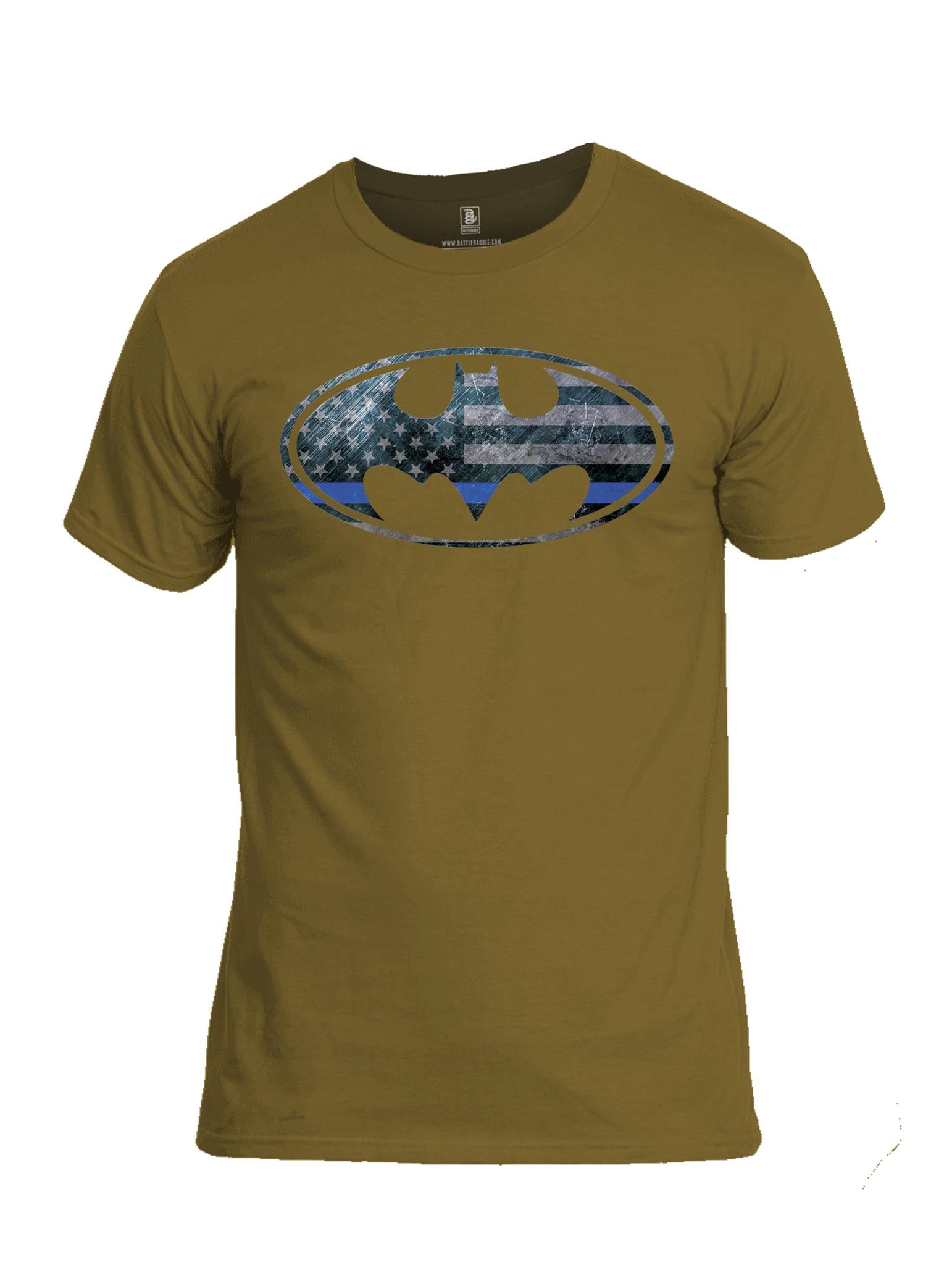 Battleraddle Bat Police Hero Blue Line USA Flag Mens Cotton Crew Neck T Shirt