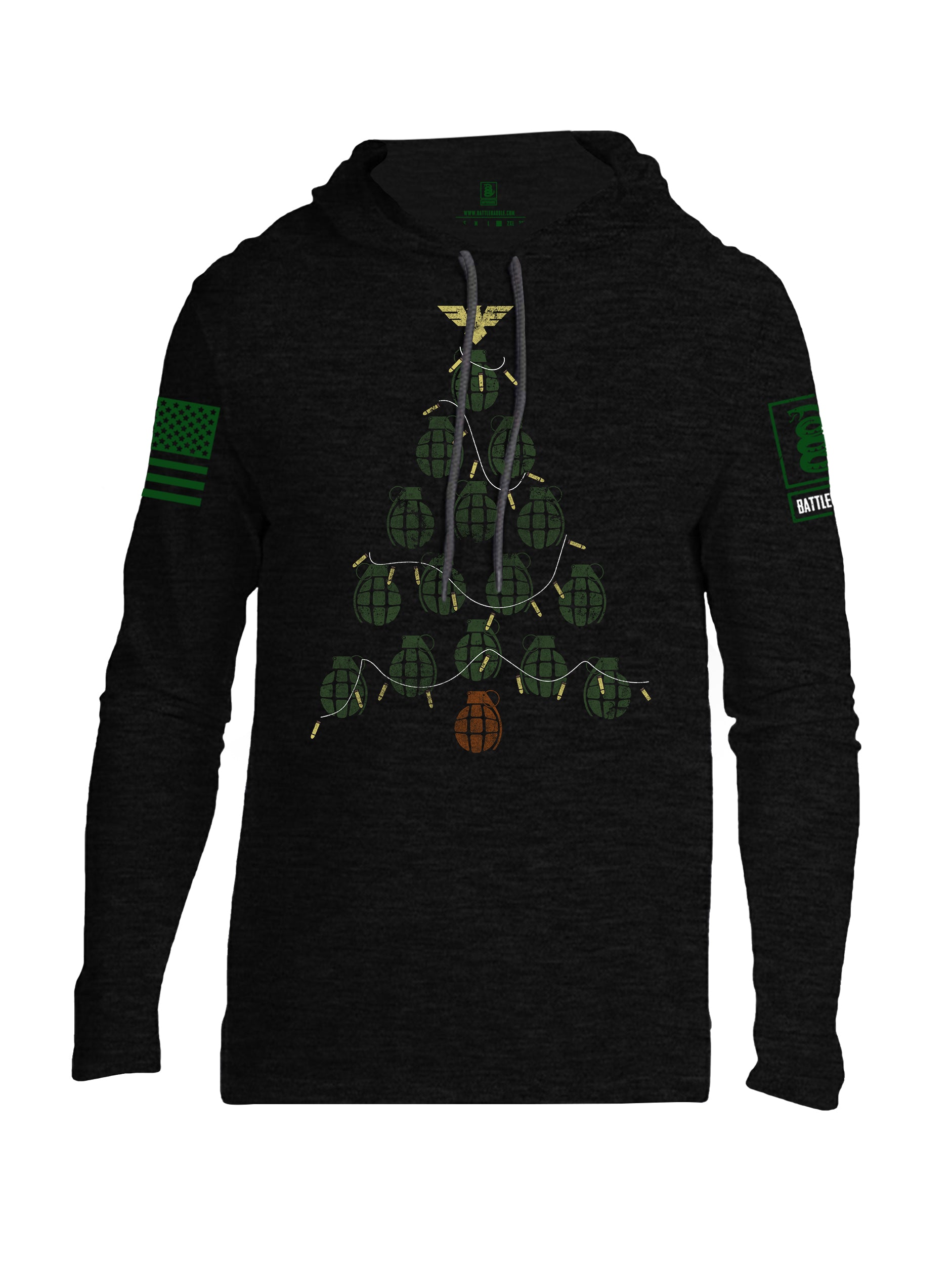 Battleraddle Christmas Greenery Grenade Tree Bomb Green Sleeve Print Mens Thin Cotton Lightweight Hoodie