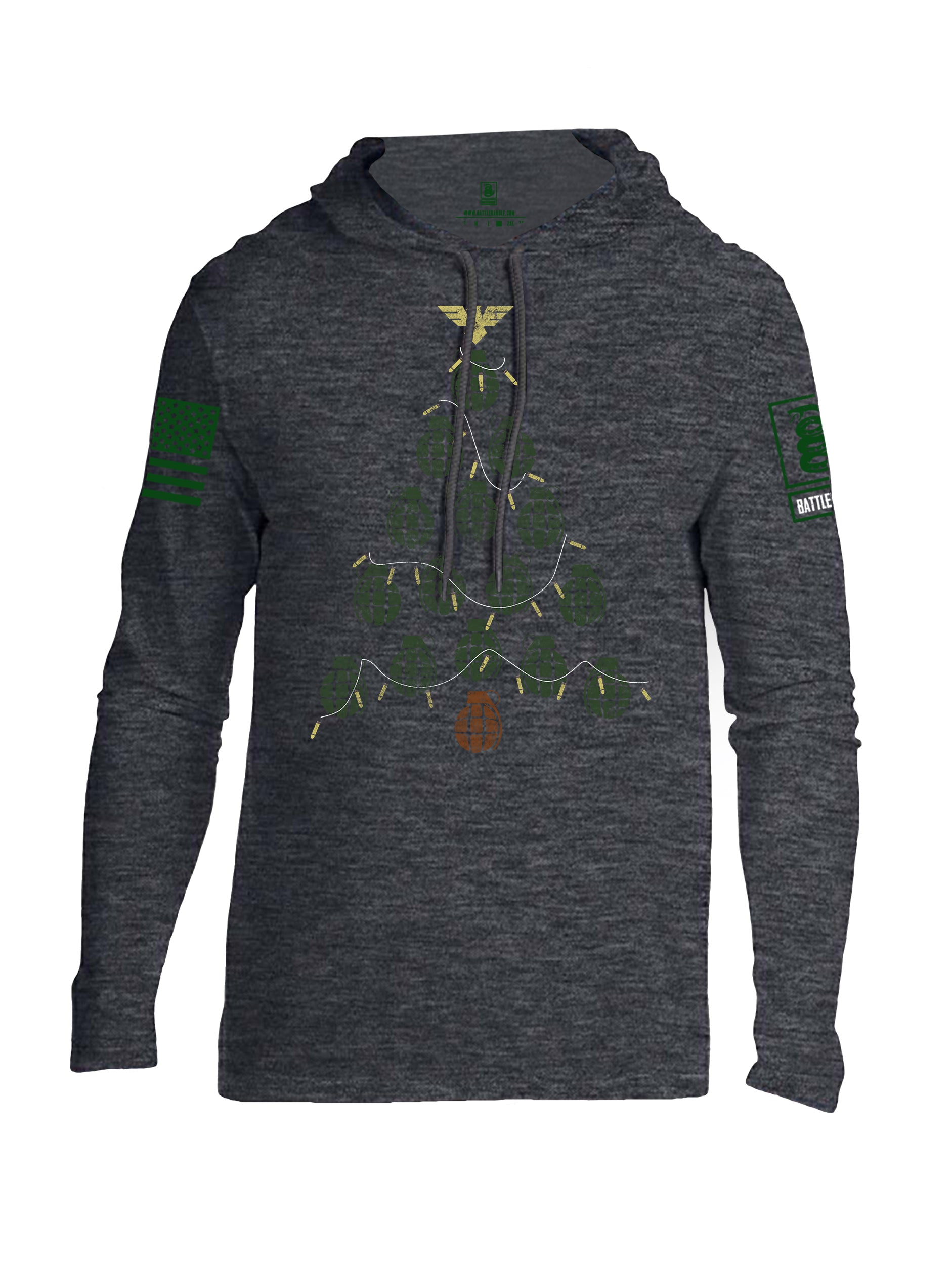 Battleraddle Christmas Greenery Grenade Tree Bomb Green Sleeve Print Mens Thin Cotton Lightweight Hoodie