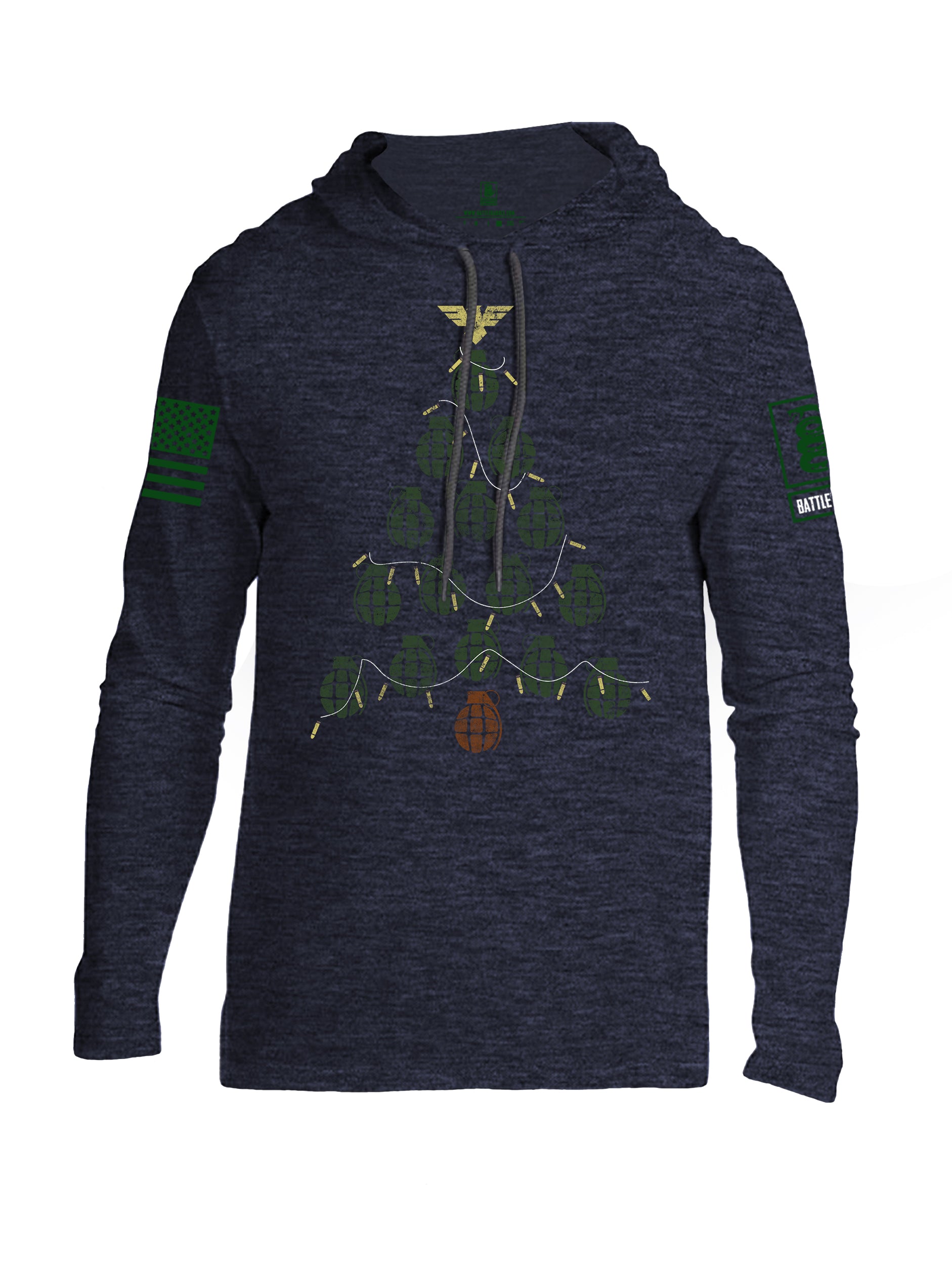 Battleraddle Christmas Greenery Grenade Tree Bomb Green Sleeve Print Mens Thin Cotton Lightweight Hoodie