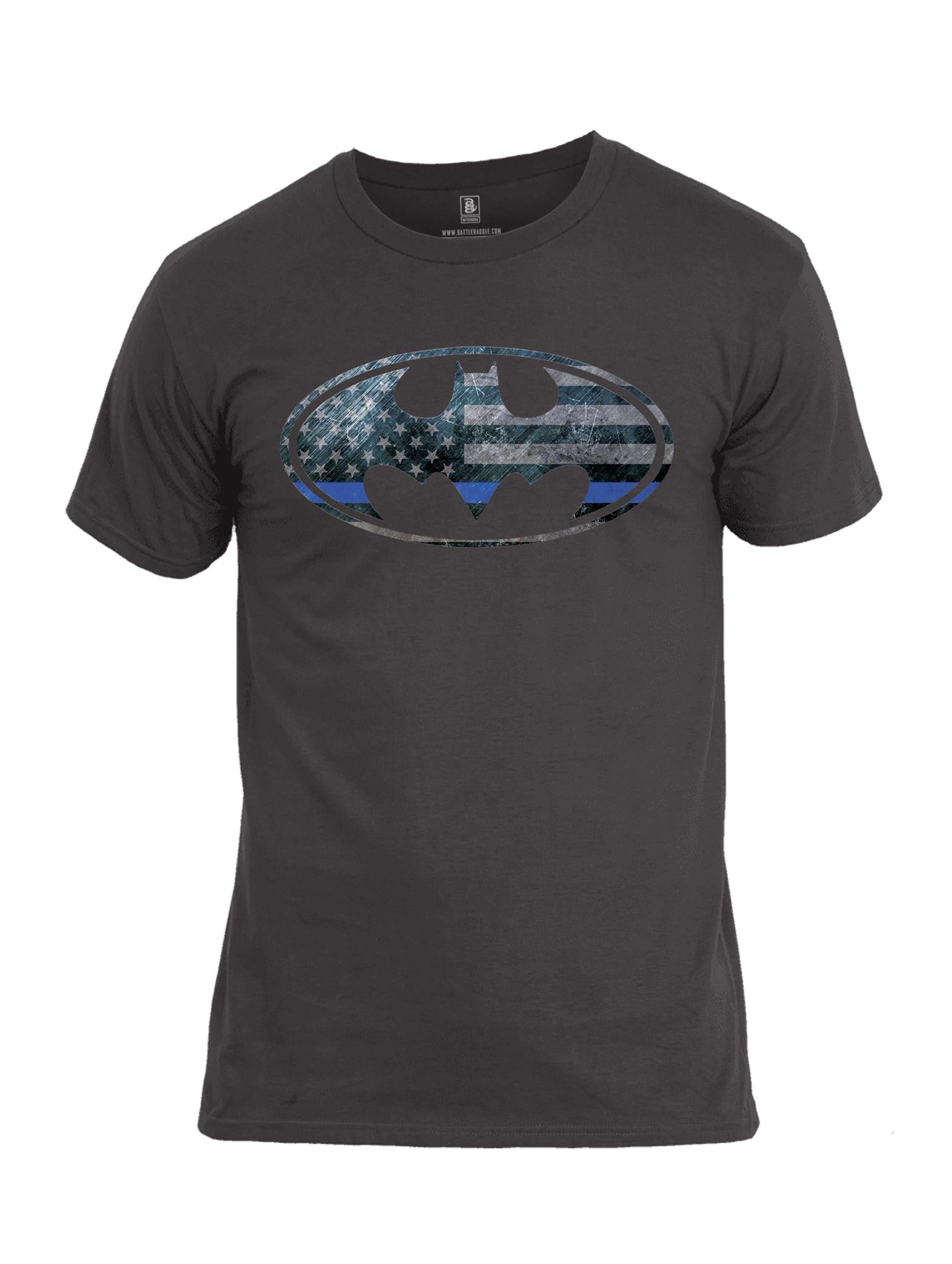 Battleraddle Bat Police Hero Blue Line USA Flag Mens Cotton Crew Neck T Shirt