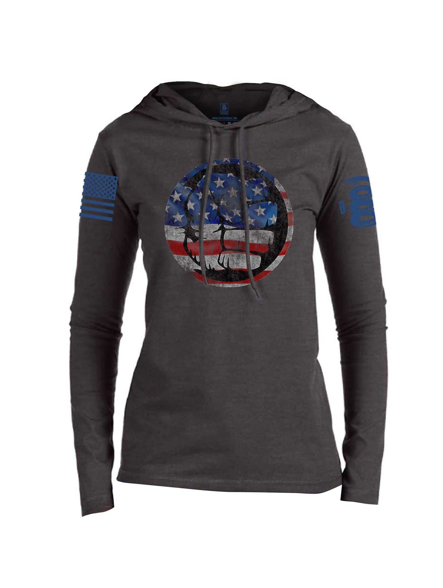 Battleraddle Super Smash Fist Flag Blue Sleeve Print Womens Thin Cotton Lightweight Hoodie