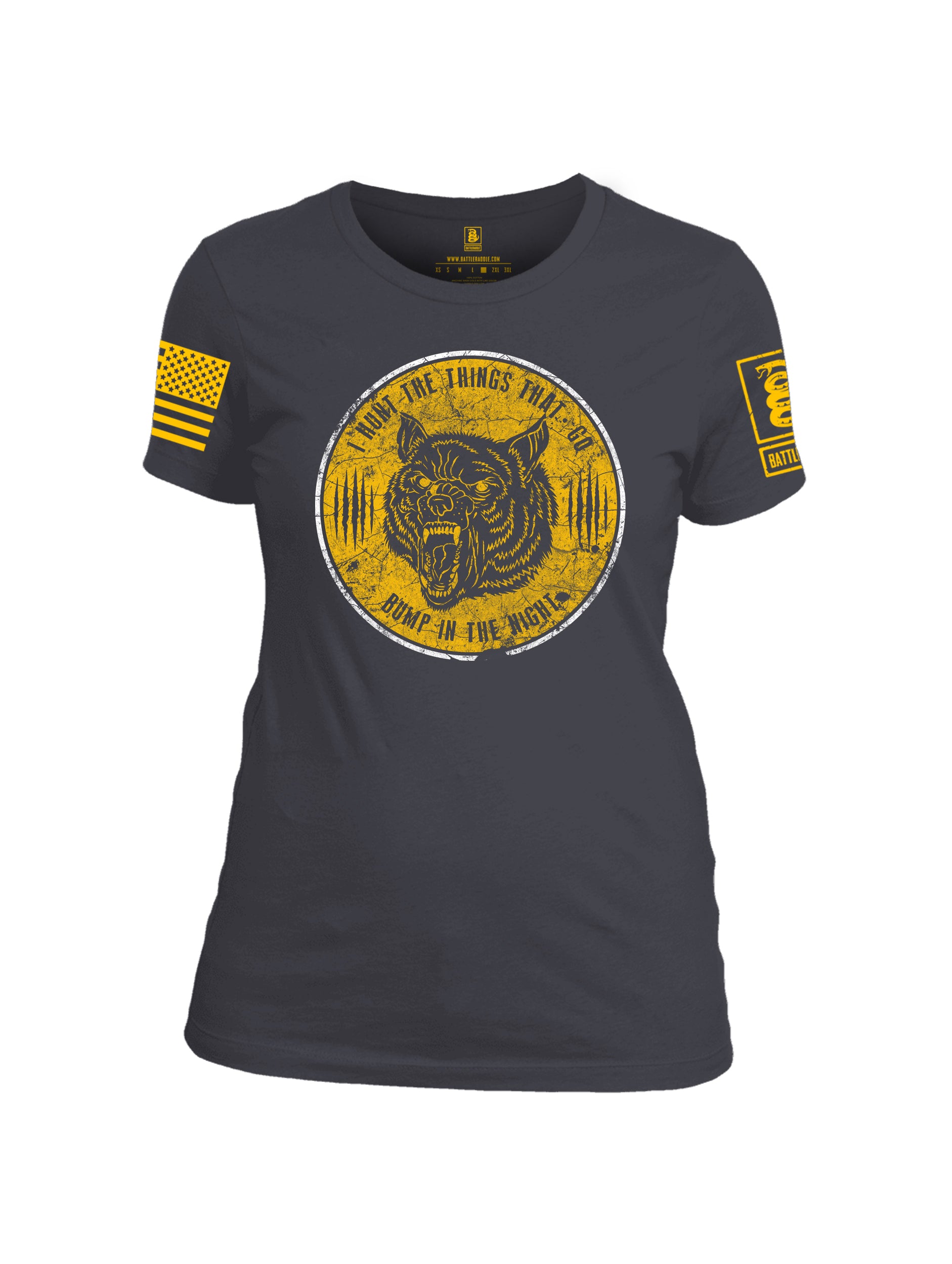 Battleraddle I Hunt The Things That Go Bump In The Night Gold Sleeve Print Womens Cotton Crew Neck T Shirt
