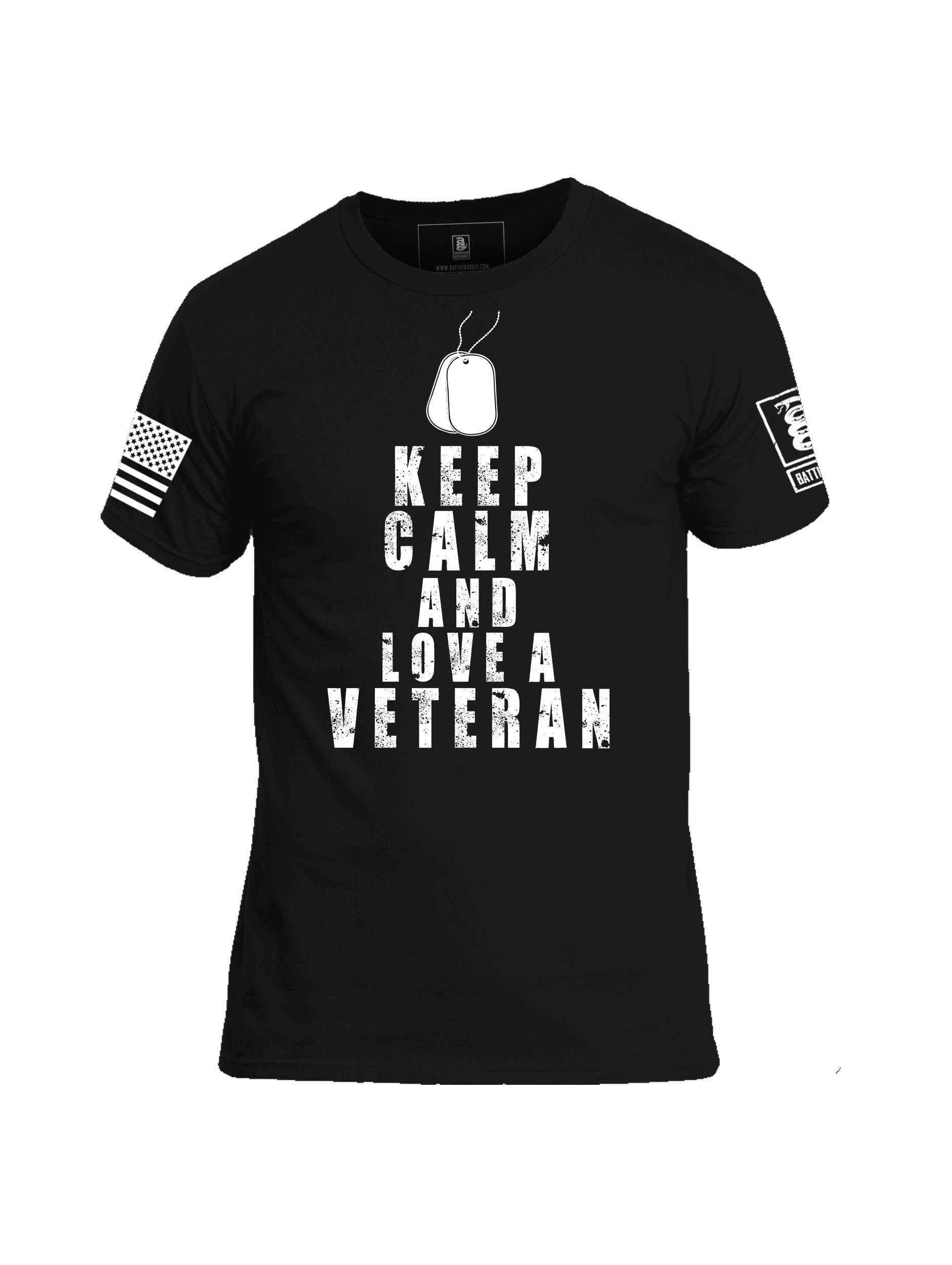 Battleraddle Keep Calm And Love A Veteran White Sleeve Print Mens Cotton Crew Neck T Shirt