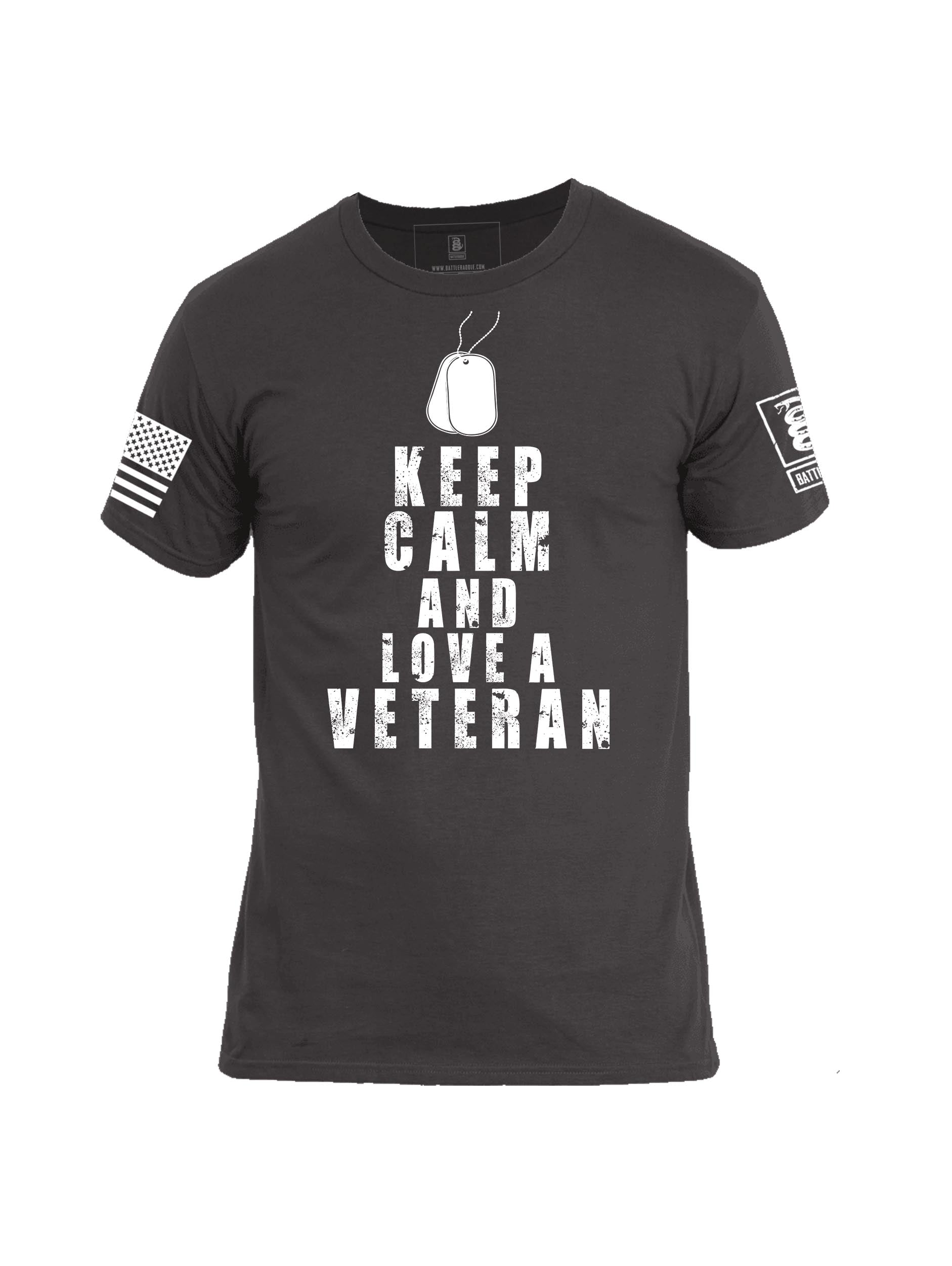 Battleraddle Keep Calm And Love A Veteran White Sleeve Print Mens Cotton Crew Neck T Shirt